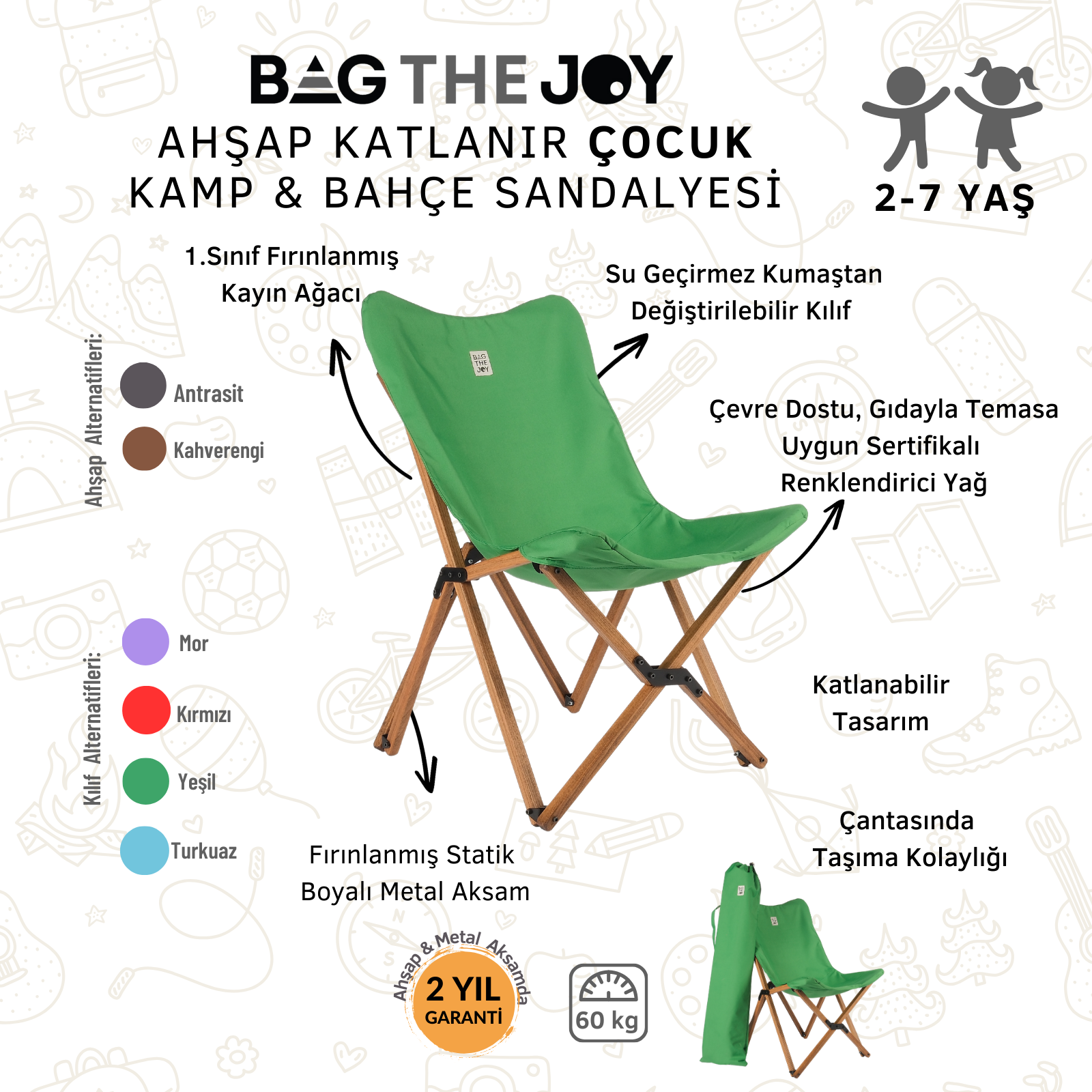 BAG THE JOY Çocuk Ahşap Kahverengi İskelet Katlanır Çantalı Kamp Sandalyesi Yeşil