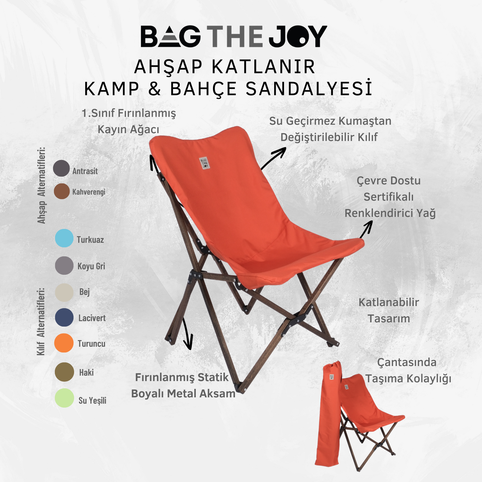 Turuncu katlanır kamp sandalyesi, ahşap çerçeve ve taşıma çantası ile ürün detayları gösterilmektedir.