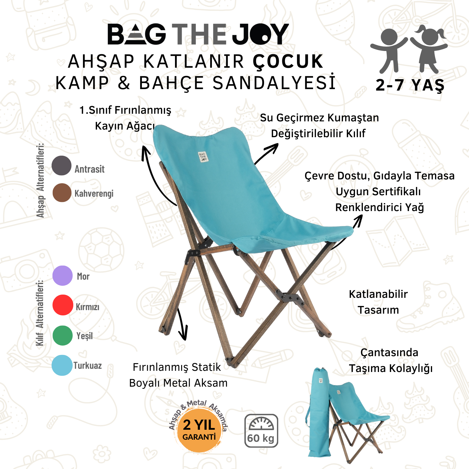 Turkuaz kumaşlı ve ahşap çerçeveli katlanabilir çocuk kamp sandalyesi. 2-7 yaş arası çocuklar için tasarlanmıştır.