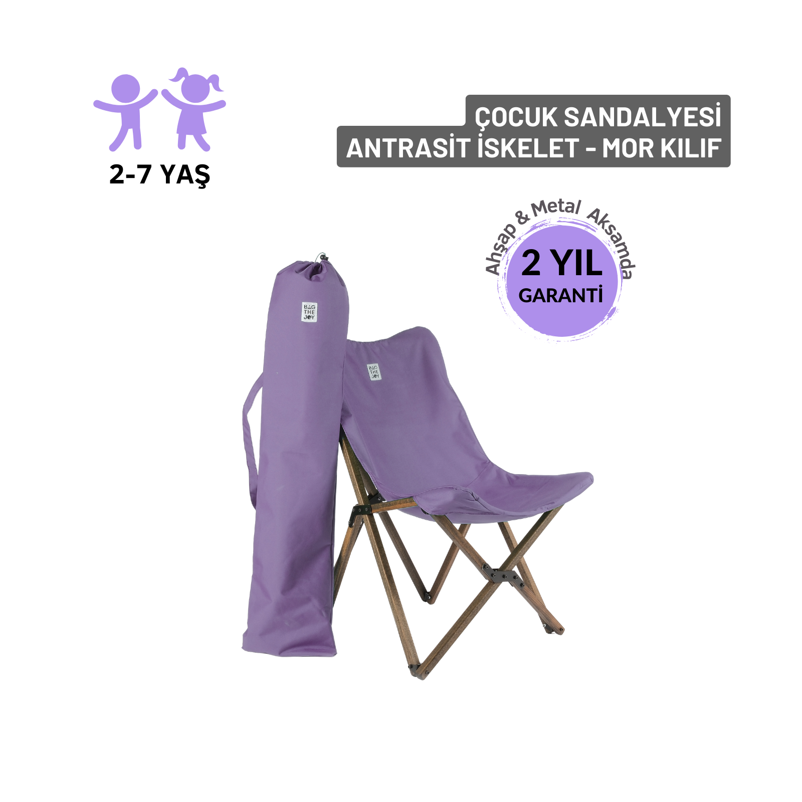 BAG THE JOY Çocuk Ahşap Antrasit İskelet Katlanır Çantalı Kamp Sandalyesi Mor