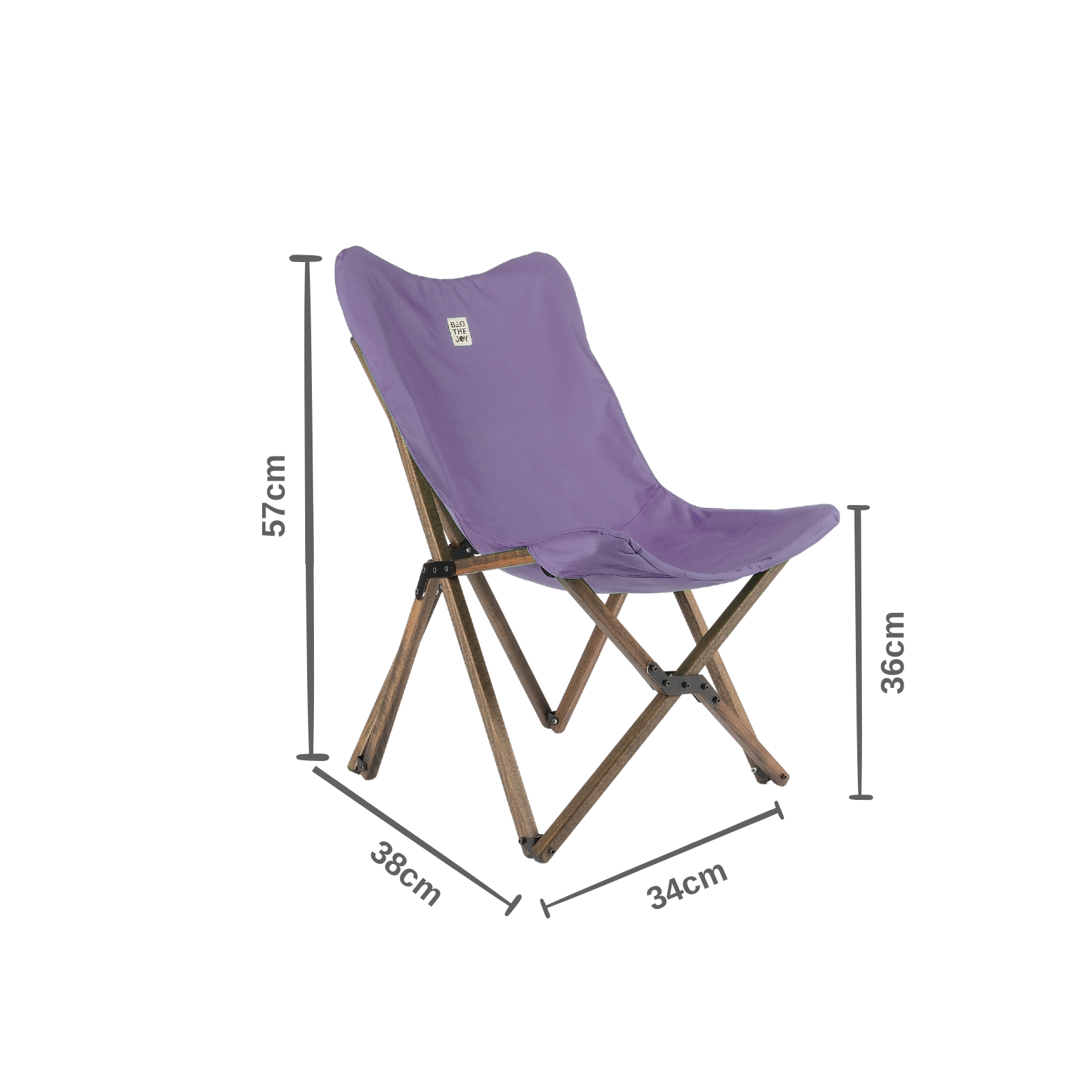 Ahşap çerçeveli mor bir kelebek sandalye. Boyutlar: 57 cm yükseklik, 36 cm genişlik, 38 cm taban, 34 cm üst. Beyaz zemin.