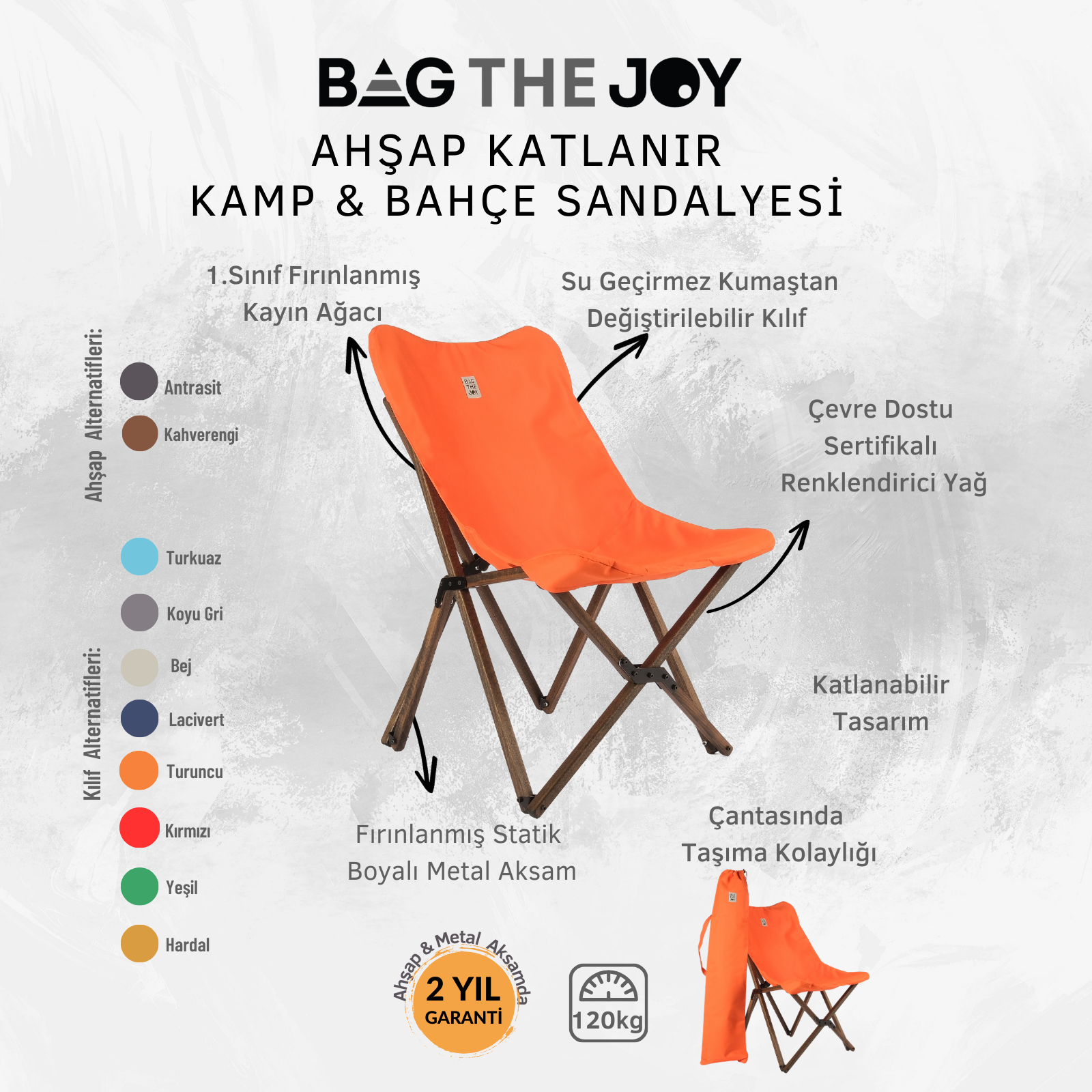 Ahşap bacaklı, turuncu katlanır kamp sandalyesi. Özellikleri: su geçirmez kumaş ve taşıma çantası.