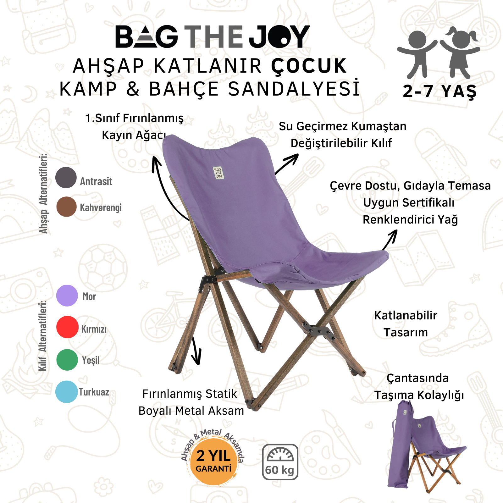 Ahşap çerçeveli, katlanabilir mor çocuk kamp sandalyesi. Özellikleri: suya dayanıklı kumaş ve taşıma çantası.