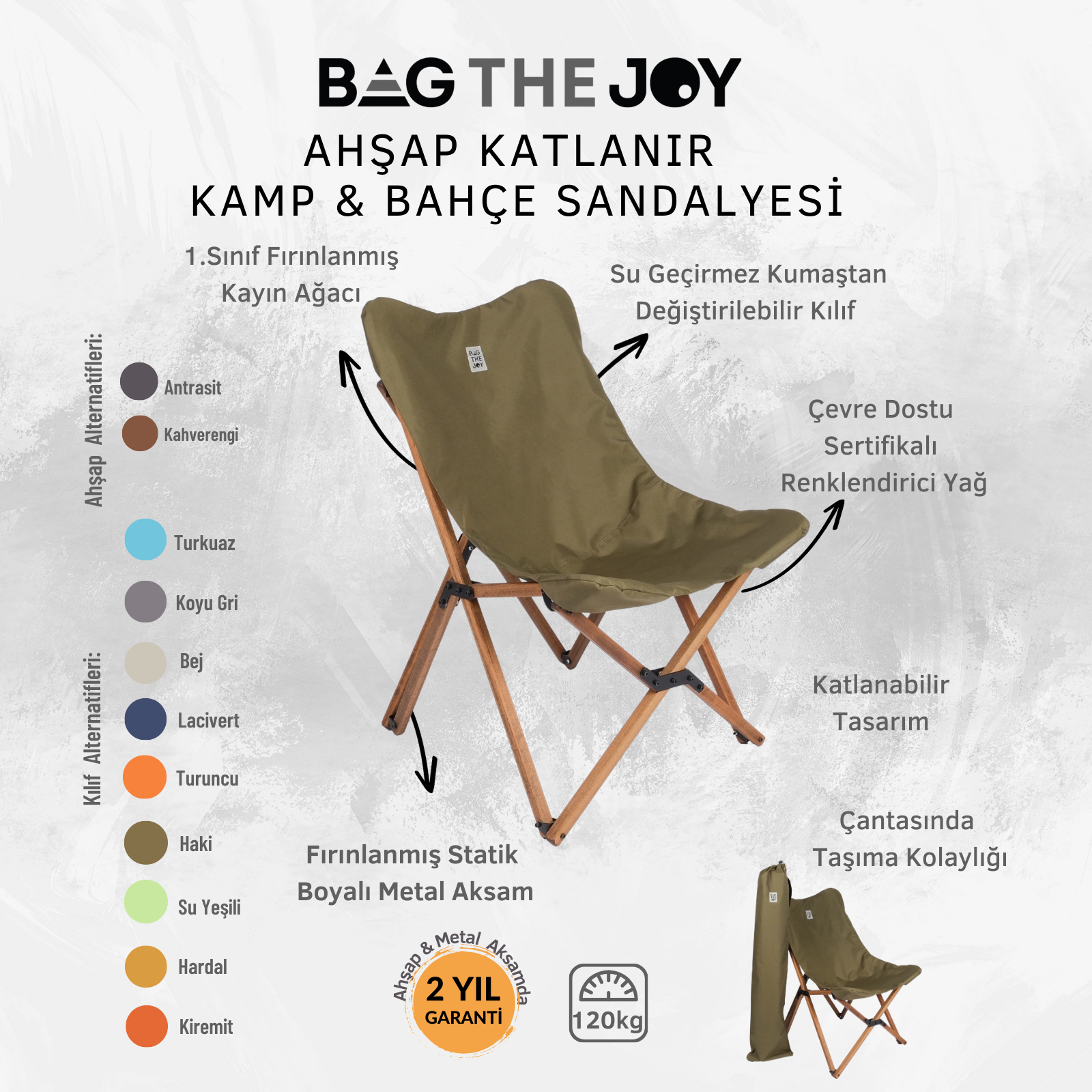 Ahşap çerçeveli, zeytin yeşili katlanır sandalye. Taşıma çantasında. Sandalyedeki metin özellikleri detaylandırıyor.