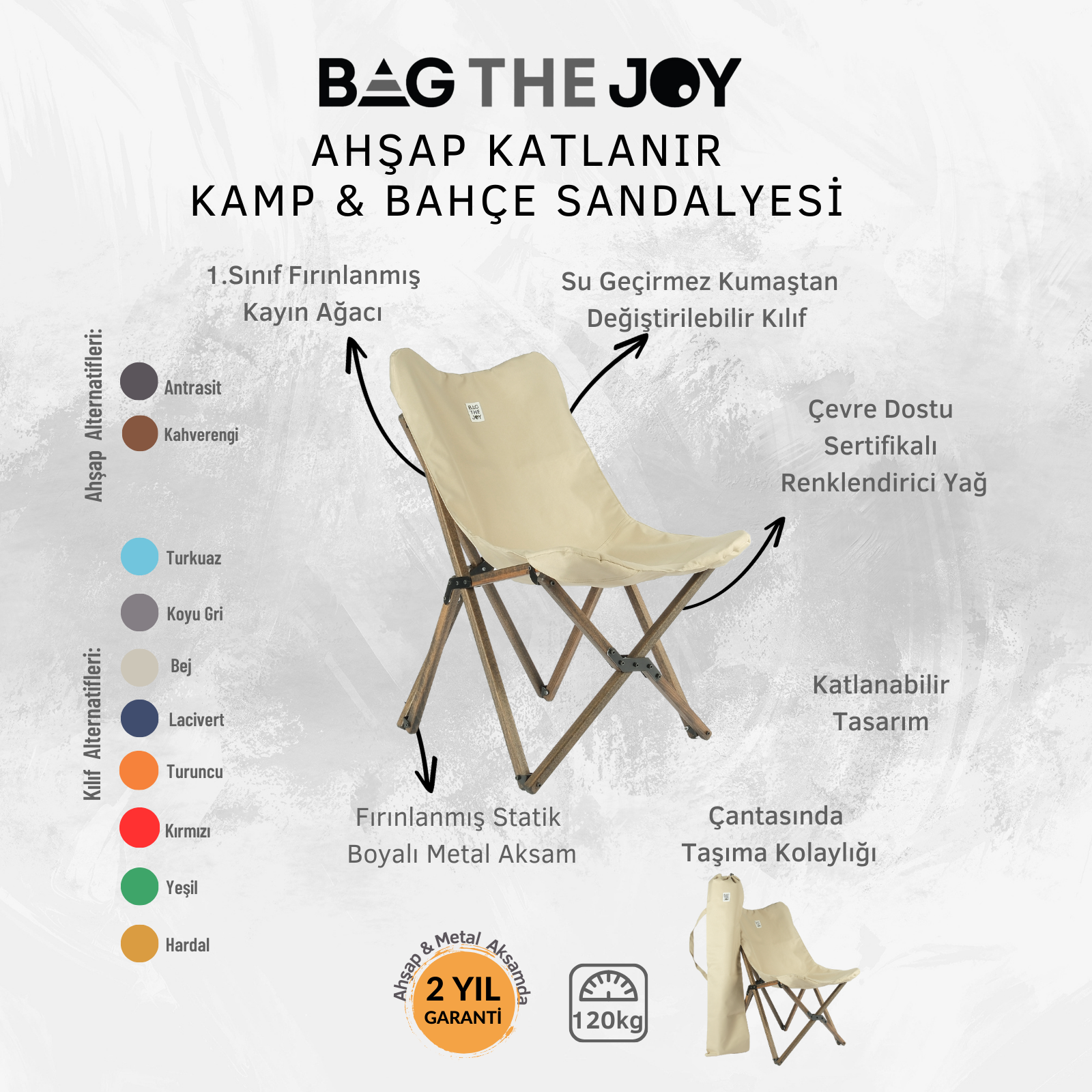 Ahşap çerçeveli bej katlanır kamp sandalyesi. Özellikleri arasında suya dayanıklı kumaş ve taşıma çantası bulunur. Sandalye katlanabilir.