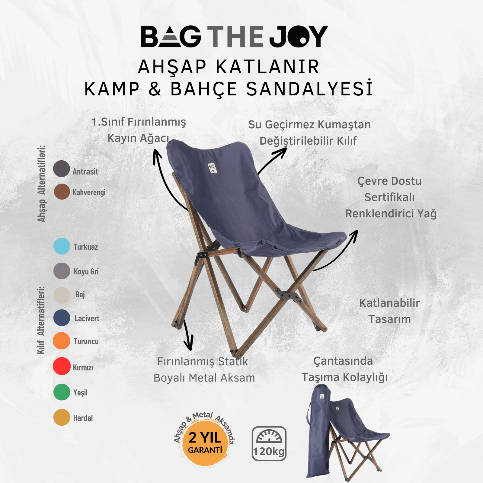 Ahşap çerçeveli ve mavi kumaşlı katlanır kamp sandalyesi. Özellikleri: su geçirmez malzeme ve kolay taşıma.