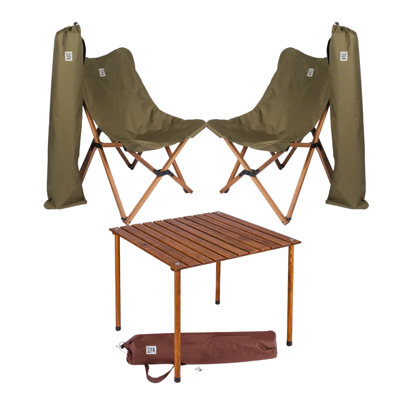 BAG THE JOY Ahşap 70x70x55 Kahverengi Katlanır Çantalı Kamp Masa Sandalye Seti Haki
