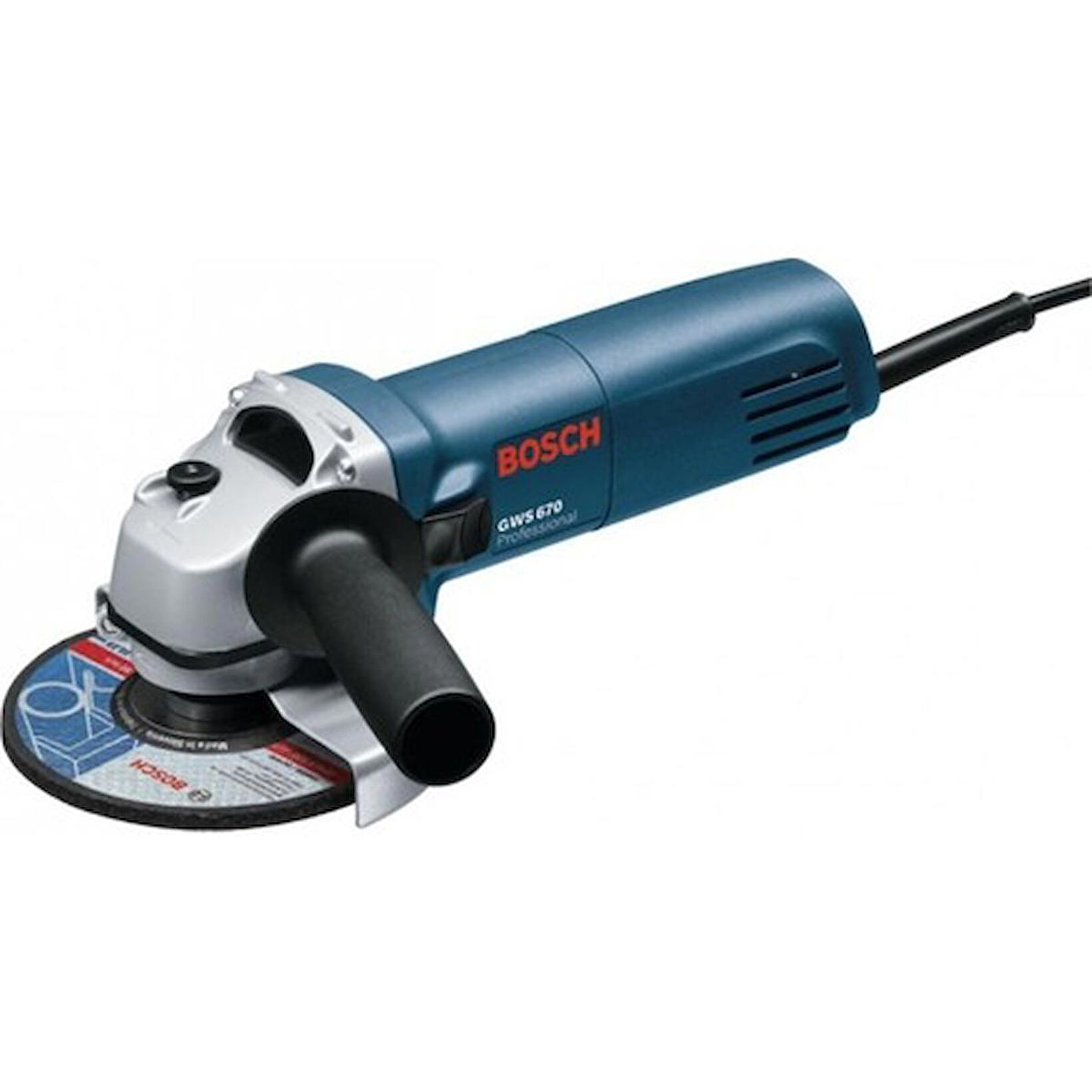 Beyaz zemin üzerinde, siyah saplı ve taşlama diskli, mavi bir Bosch GWS 670 Professional açılı taşlama makinesi.