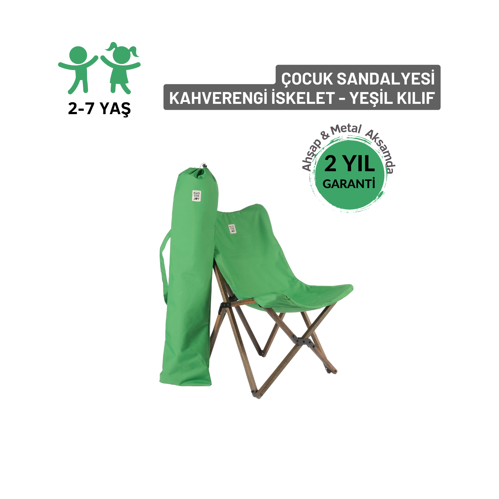 Kahverengi çerçeve ve yeşil taşıma çantası ile yeşil çocuk katlanır sandalyesi. Üstte '2-7 yaş' yazıyor.