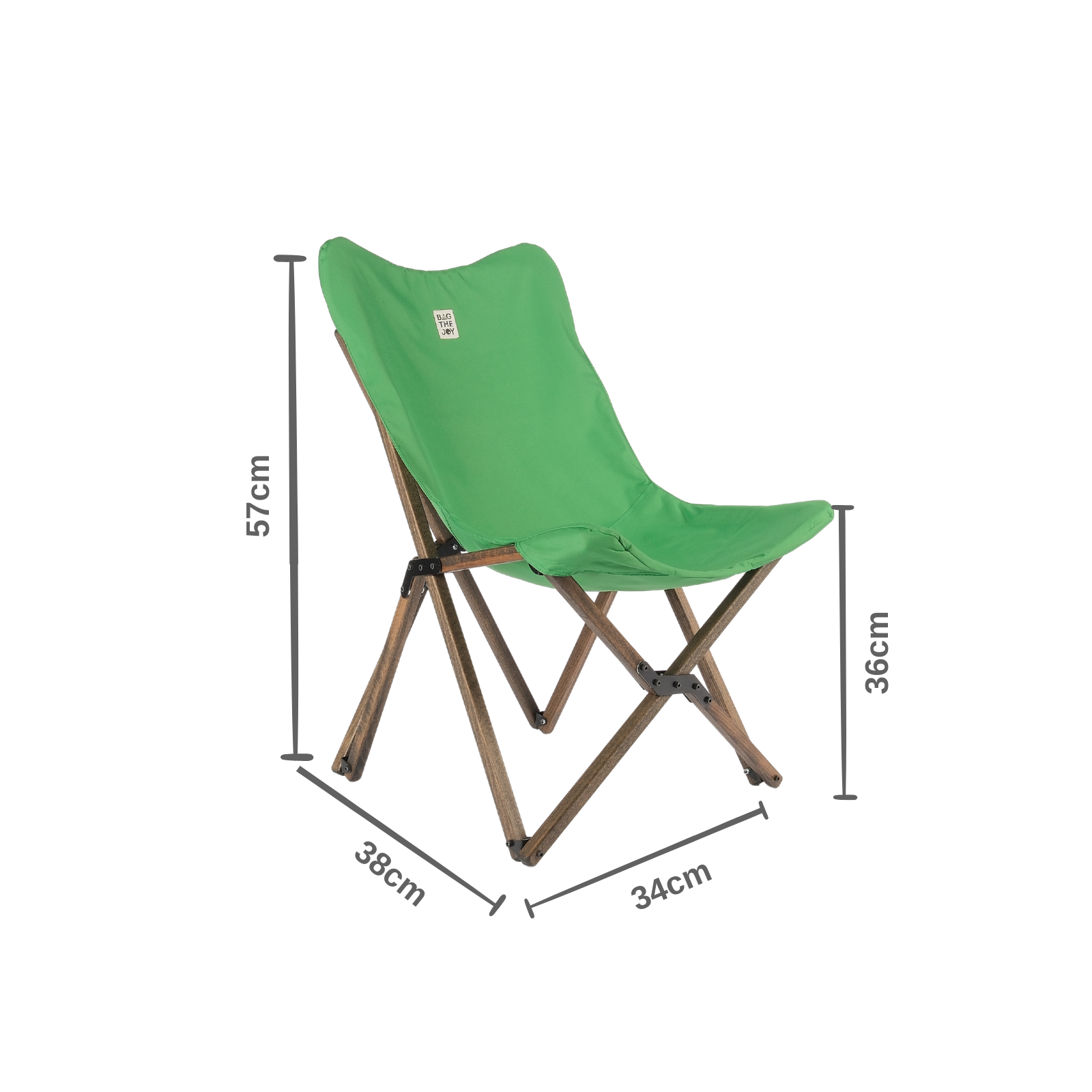 Ahşap çerçeveli yeşil katlanır sandalye. Boyutlar: 57cm yükseklik, 38cm genişlik, 34cm derinlik ve 36cm oturma yüksekliği.