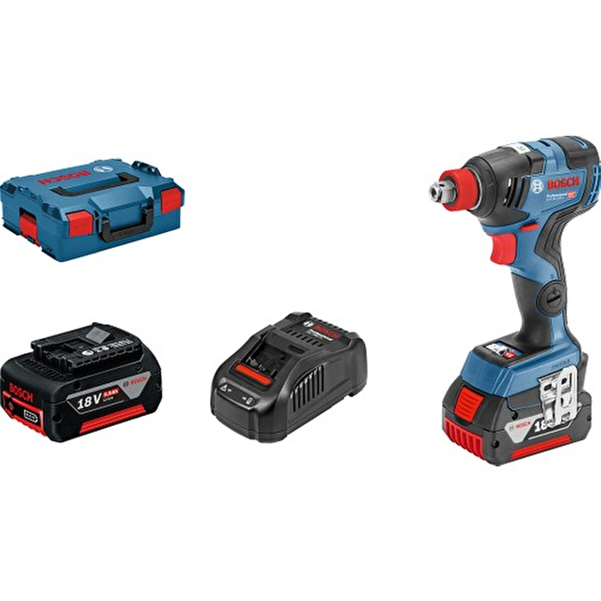 Das Bild zeigt einen blauen und schwarzen Akkuschrauber, ein schwarzes Batterieladegerät, zwei Batterien und eine blaue Werkzeugbox. Alles von Bosch.