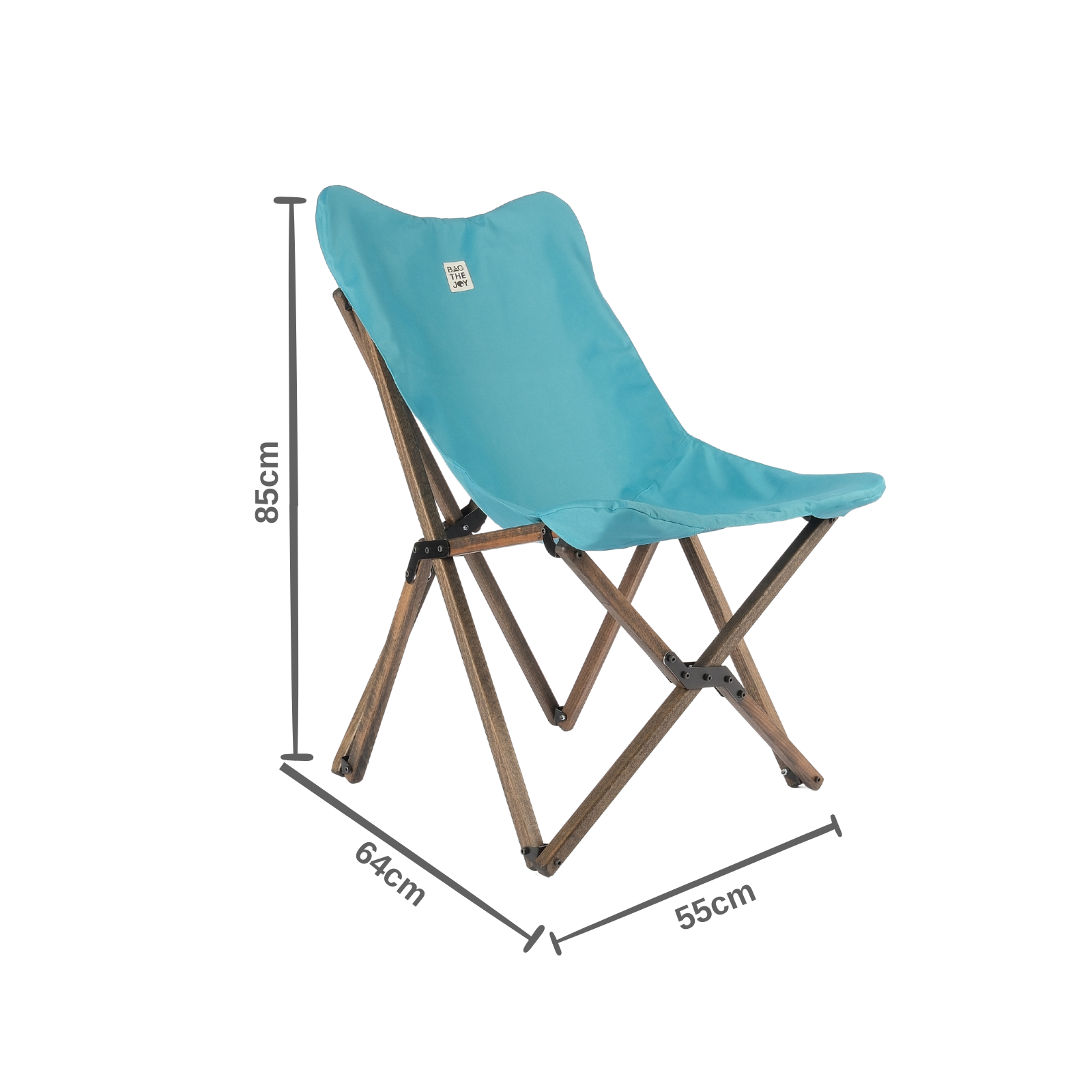 Ahşap bacaklı mavi katlanır sandalye. Boyutları etiketlenmiş: 85 cm yüksekliğinde, 64 cm genişliğinde ve 55 cm derinliğinde.