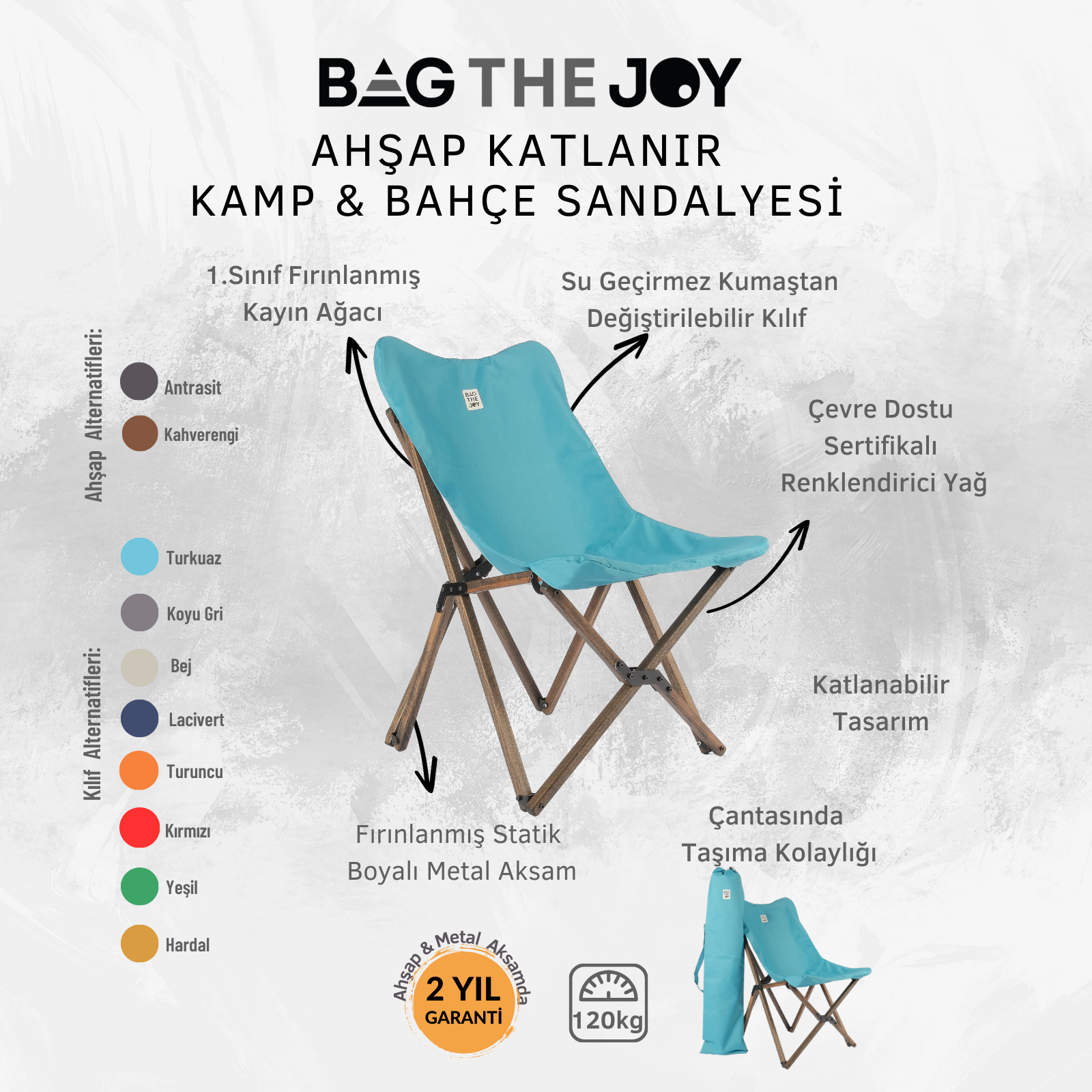 Turkuaz oturma yüzeyi ve ahşap çerçeveli katlanır bir kamp sandalyesi. Su geçirmez kumaş ve taşıma çantası özelliklerine sahiptir.