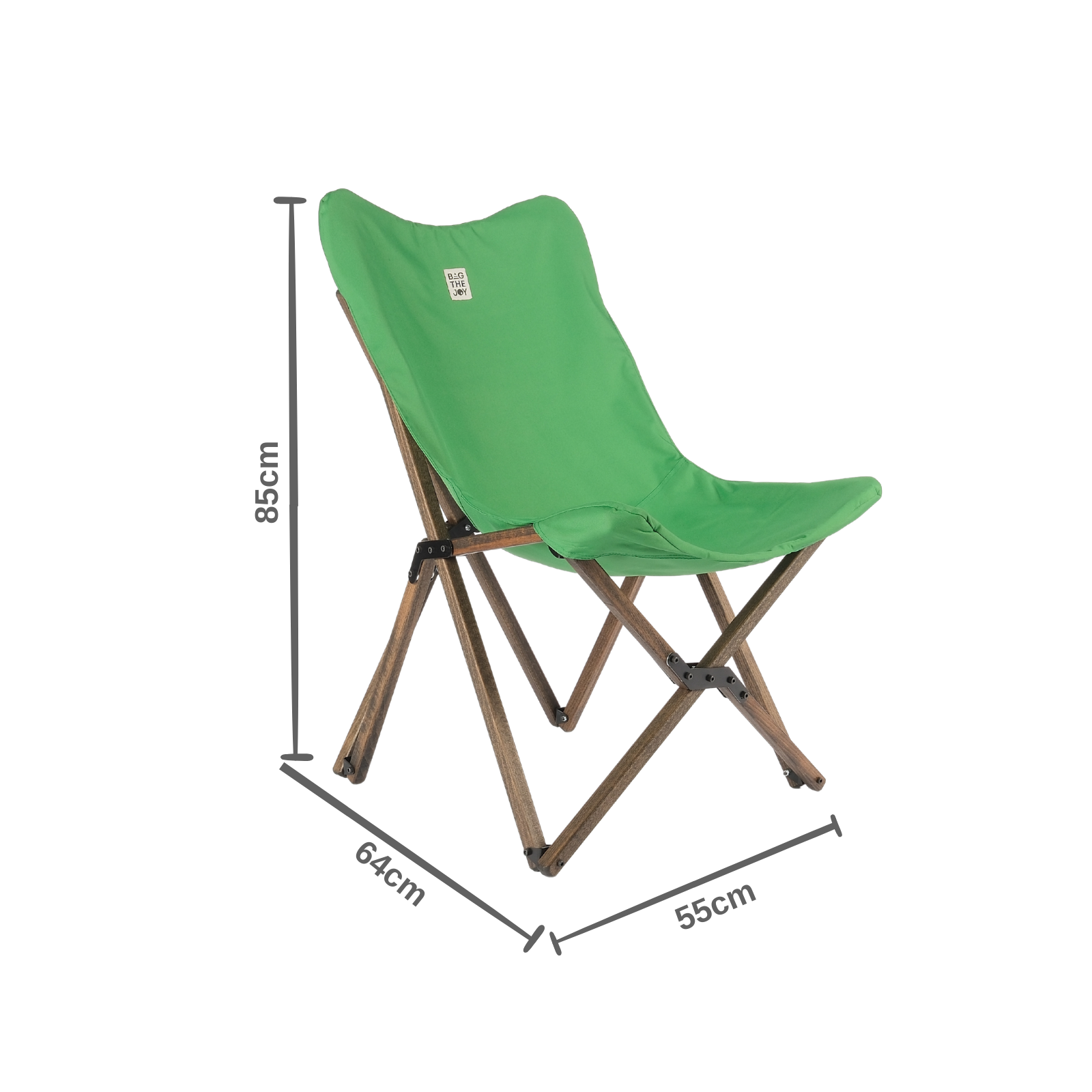 Ahşap çerçeveli yeşil katlanır sandalye, boyutları: 85 cm yükseklik, 64 cm genişlik, 55 cm derinlik. Beyaz zemin.