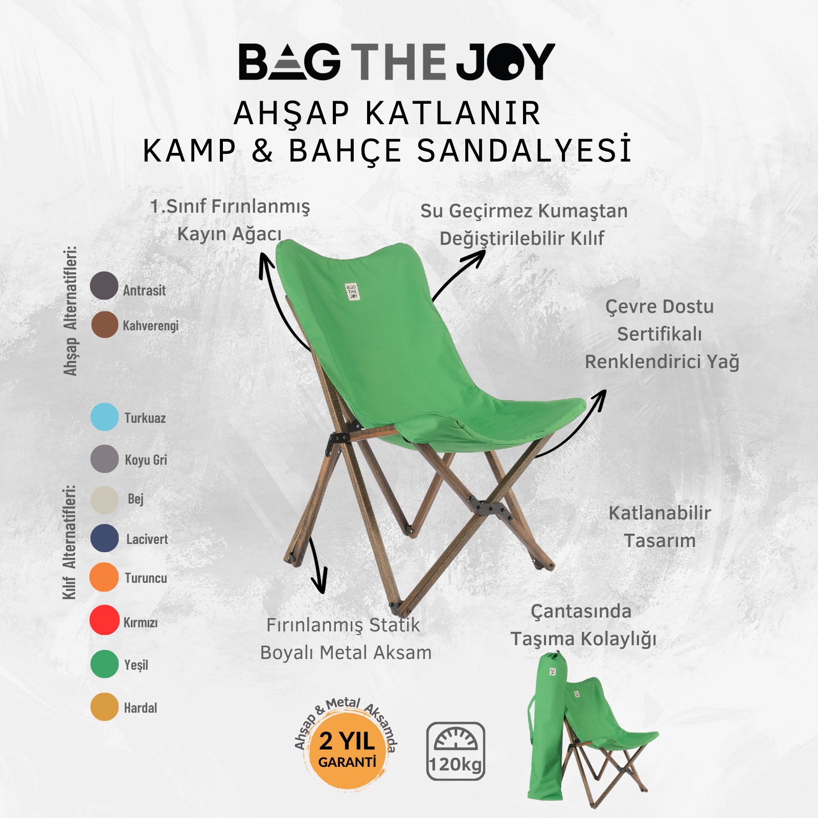 Ahşap çerçeveli yeşil katlanır kamp sandalyesi. Resimdeki metin özellikleri ve malzemeyi açıklıyor.