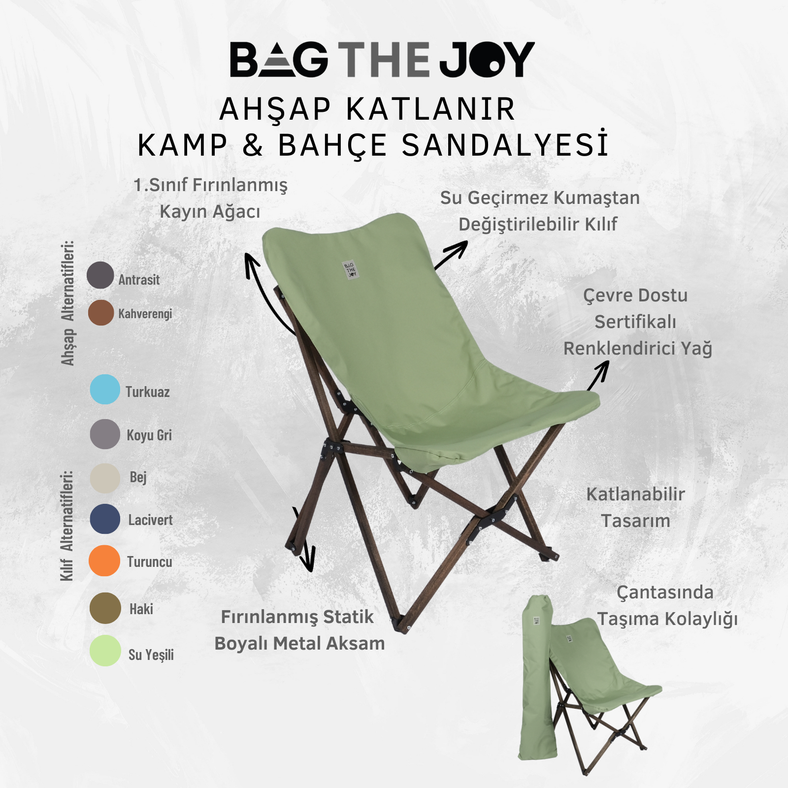 Görsel, ahşap ve yeşil kumaştan yapılmış katlanır bir sandalyeyi ve özelliklerini açıklayan Türkçe metni gösteriyor.