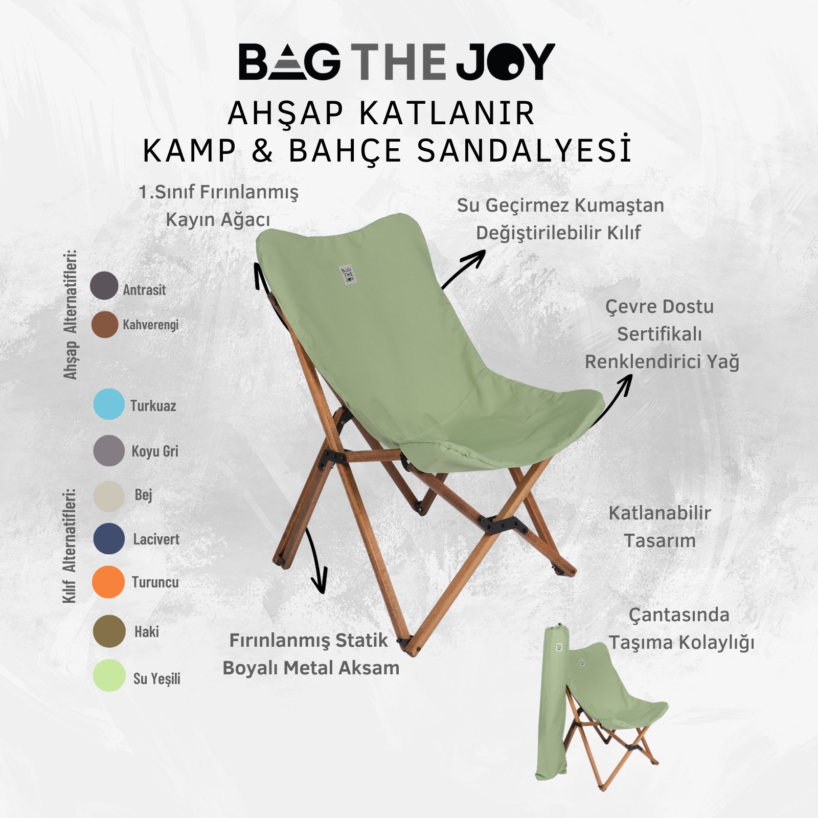 Yeşil oturma yeri ve ahşap çerçeveli katlanır kamp sandalyesi. Özellikleri arasında su geçirmez kumaş ve taşıma çantası bulunur.