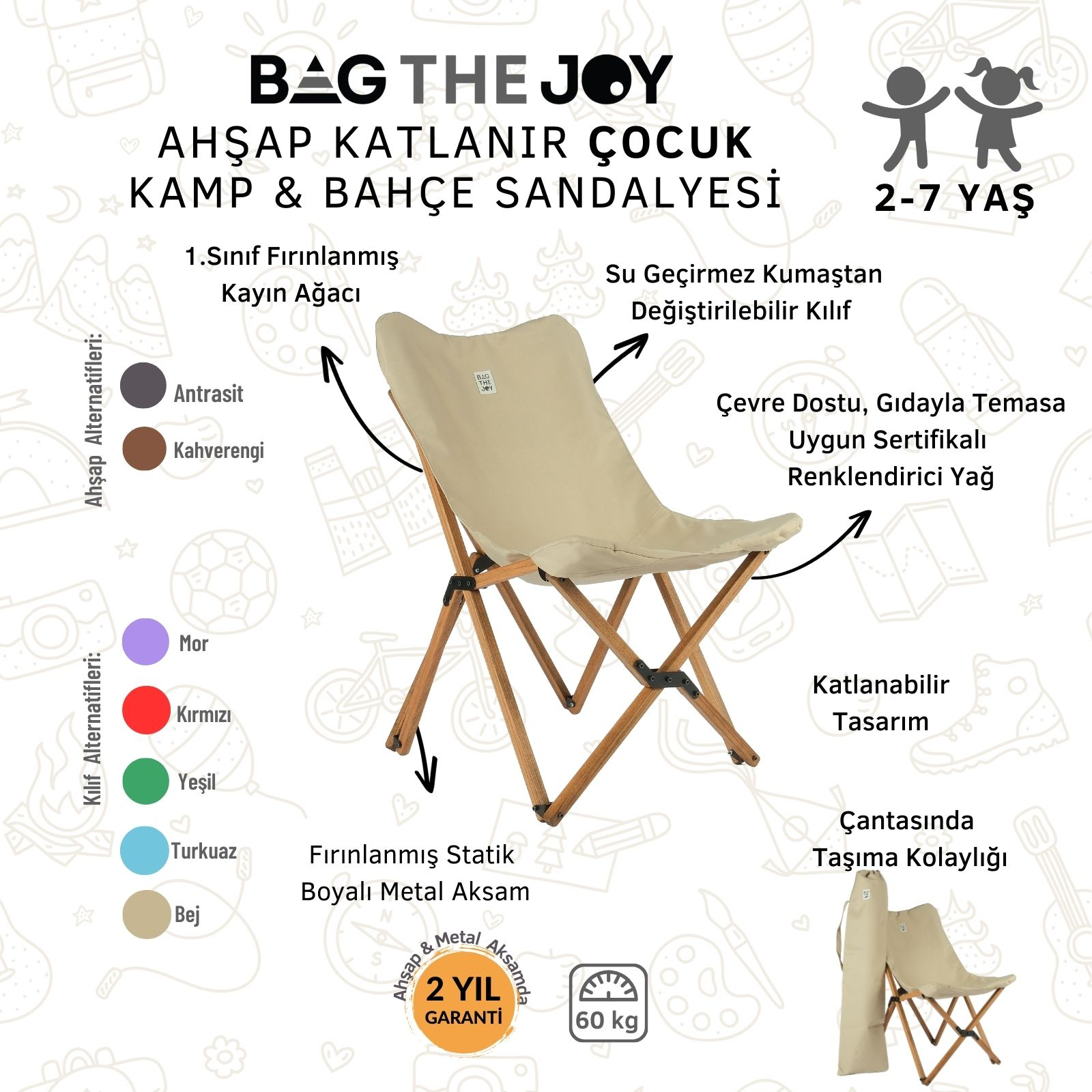 Ahşap çerçeveli ve taşıma çantalı, çocuklar için bej renkli katlanır kamp sandalyesi. Ürün özellikleri.