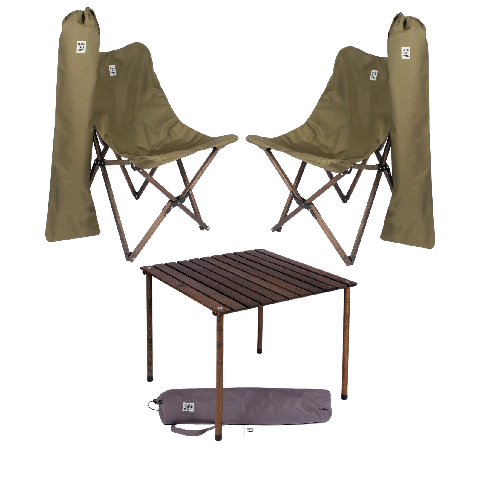 BAG THE JOY Ahşap 70x70x55 Antrasit Katlanır Çantalı Kamp Masa Sandalye Seti Haki