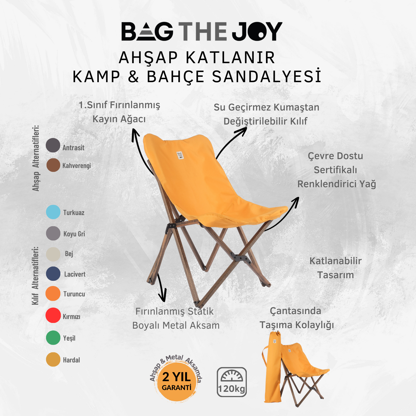 Ahşap bacaklı, turuncu katlanır kamp sandalyesi, taşıma çantası ve Türkçe metin.