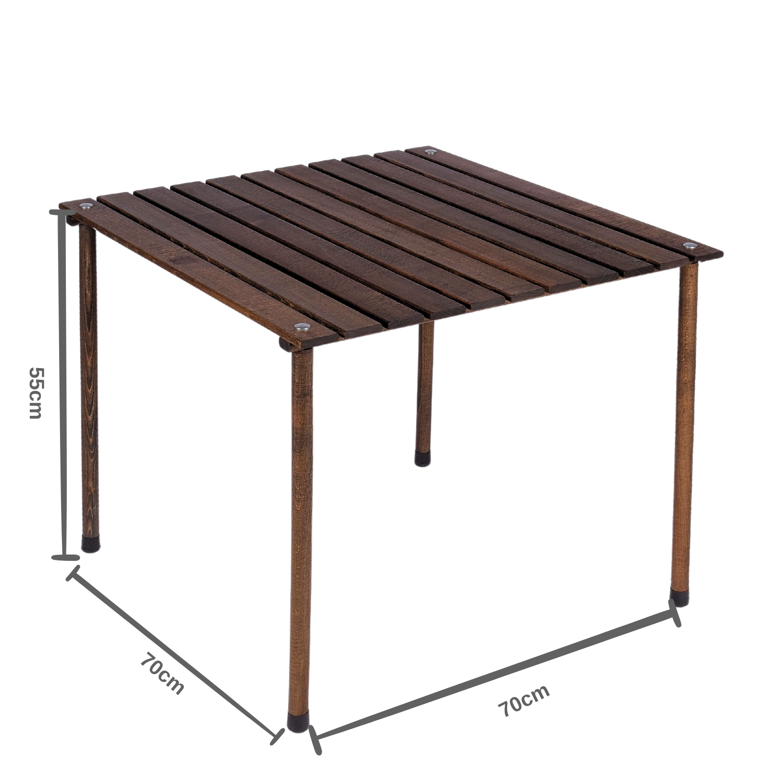 Koyu kahverengi çıtalı kare ahşap bir masa. Dört bacağı vardır, 70 cm genişliğinde ve 55 cm yüksekliğindedir.