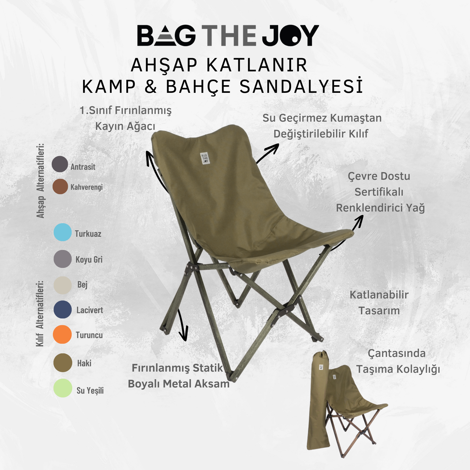Yeşil kumaş oturma yeri ve ahşap çerçeveli katlanır kamp sandalyesi, yanında bir taşıma çantası.