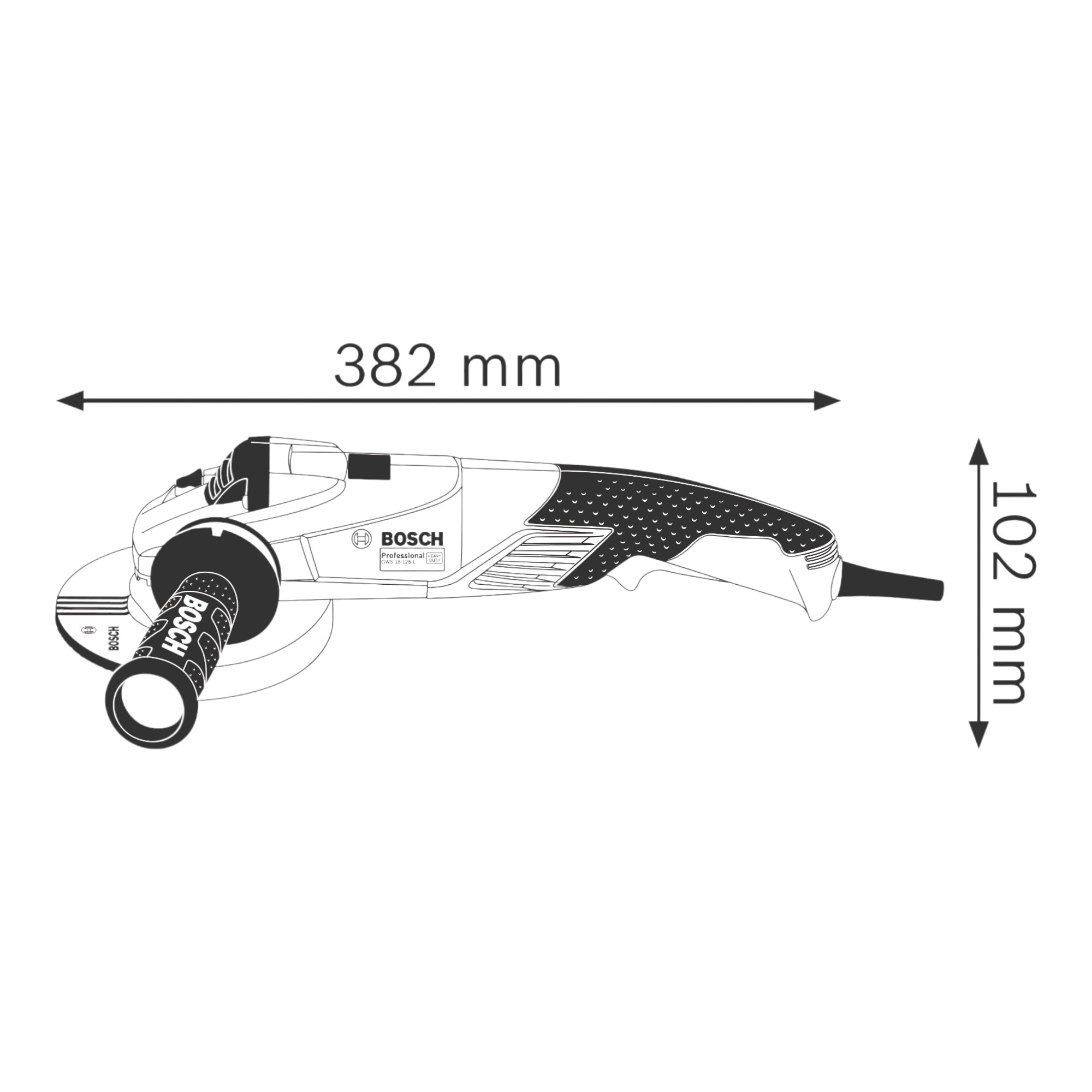 Bosch açılı taşlama makinesi, boyutları gösterir. Aletin uzunluğu 382 mm, yüksekliği 102 mm.