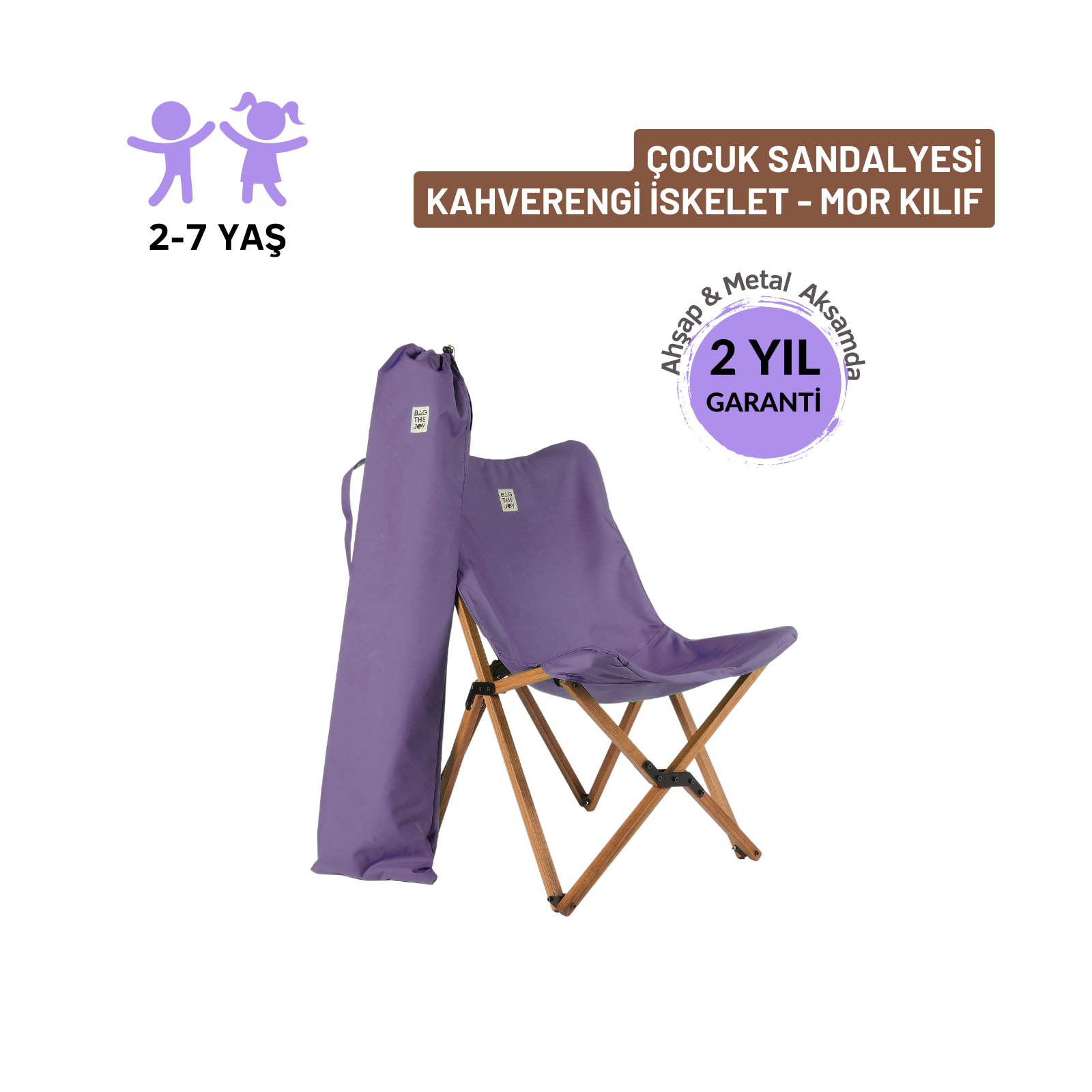 Ahşap çerçeveli ve eşleşen taşıma çantalı mor çocuk katlanır sandalyesi. 2 yıl garanti içerir.