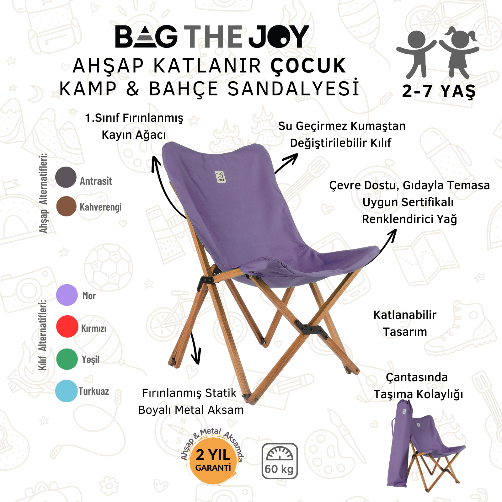 Mor katlanabilir çocuk kamp sandalyesi. Ahşap bacakları ve taşıma çantası vardır. Metinde yaş aralığı ve malzeme detayları yer alır.