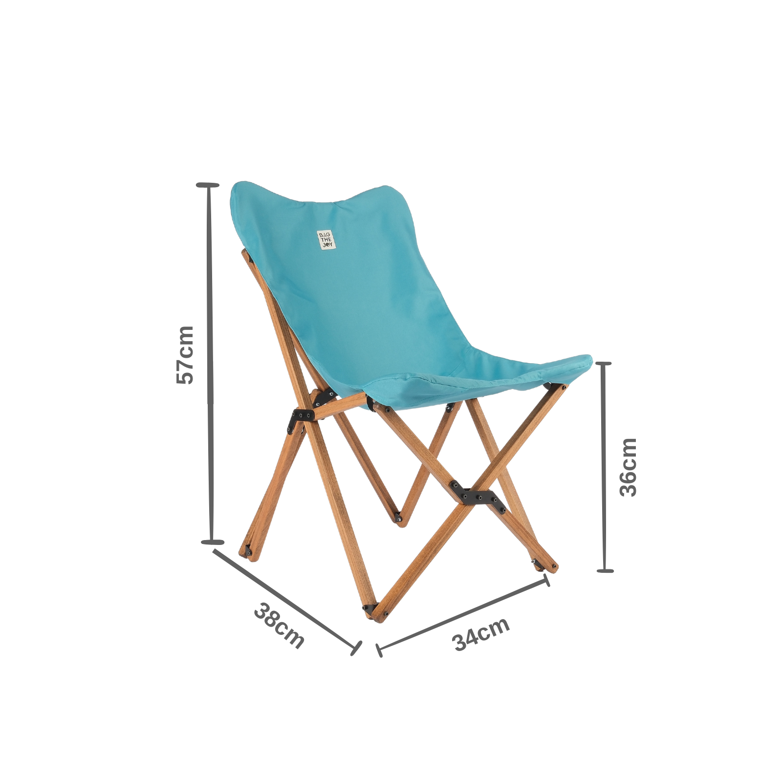 Ahşap bacaklı, katlanmış turkuaz kelebek sandalye. Ölçüler: 57cm yüksekliğinde, 38cm genişliğinde, 34cm derinliğinde. Üstte beyaz bir etiket.