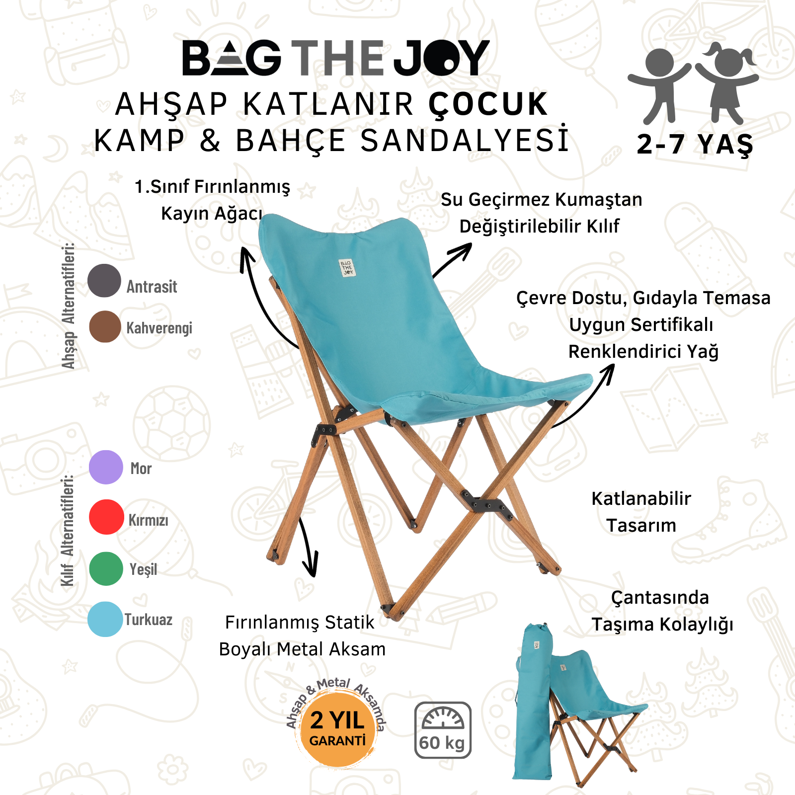 Katlanabilir çocuk kamp sandalyesi. Ahşap ve turkuaz kumaş oturma yerlidir. Taşıma çantası vardır.