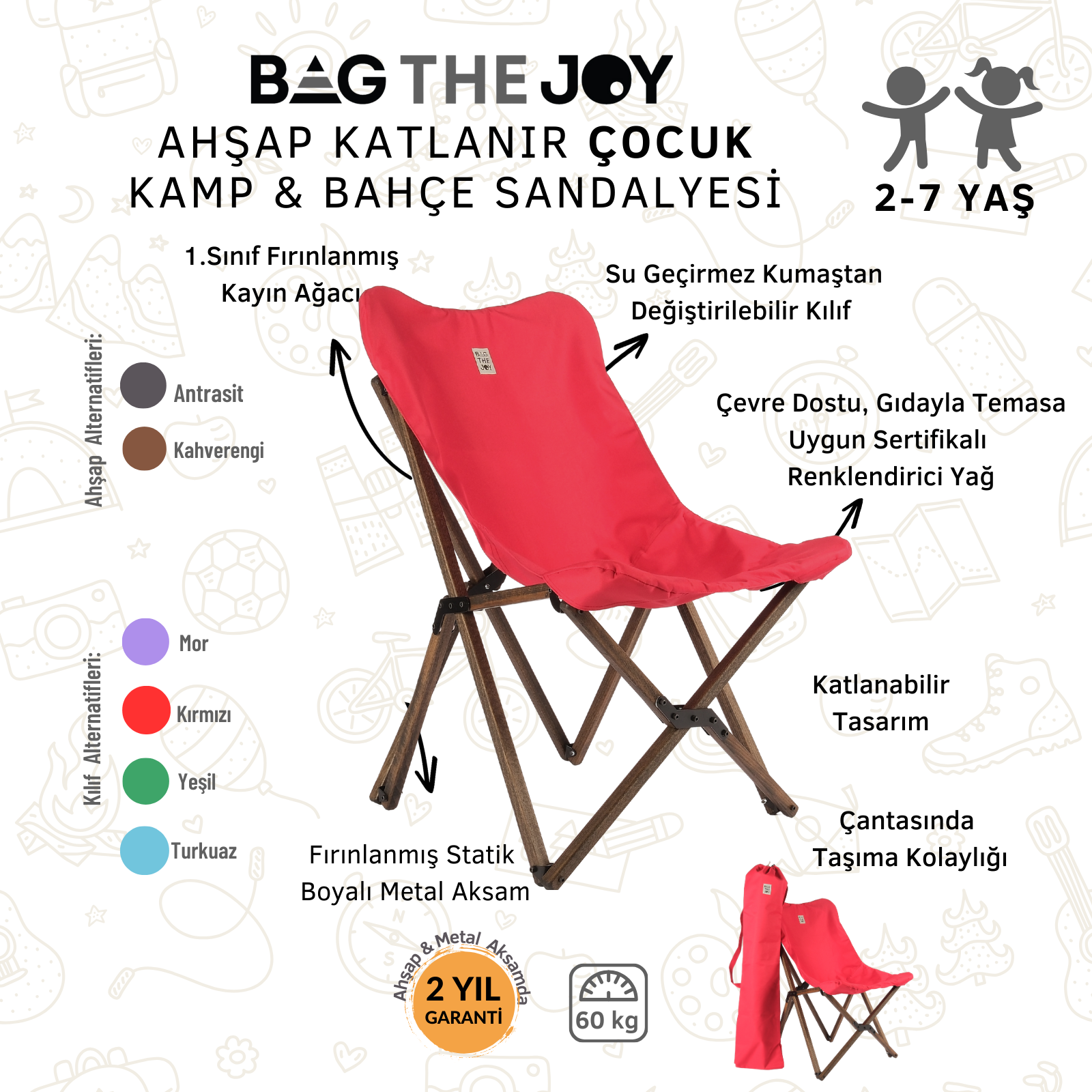 Çocuklar için kırmızı katlanır kamp sandalyesi. Ahşap çerçeve, kırmızı kumaş oturma yeri. Katlanabilir tasarım. Çanta dahil.