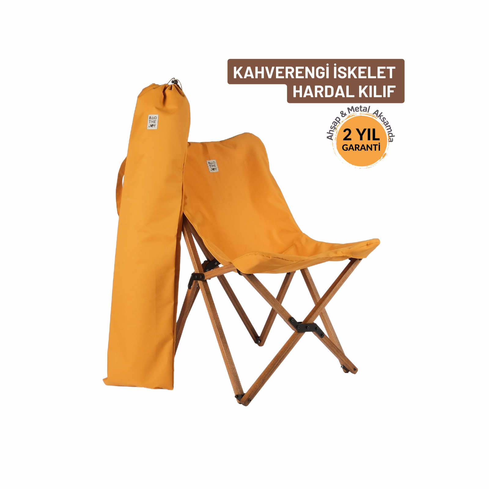 Hardal renkli katlanır sandalye ve çanta. Ahşap çerçeve, metal bağlantılar. Metin: kahverengi çerçeve, hardal örtü, 2 yıl garanti.