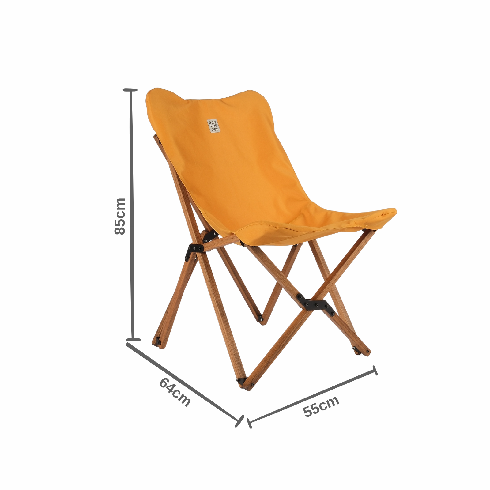 Ahşap çerçeveli turuncu katlanır sandalye. Boyutlar: 85 cm yükseklik, 64 cm genişlik, 55 cm derinlik. Sandalyede bir logo var.