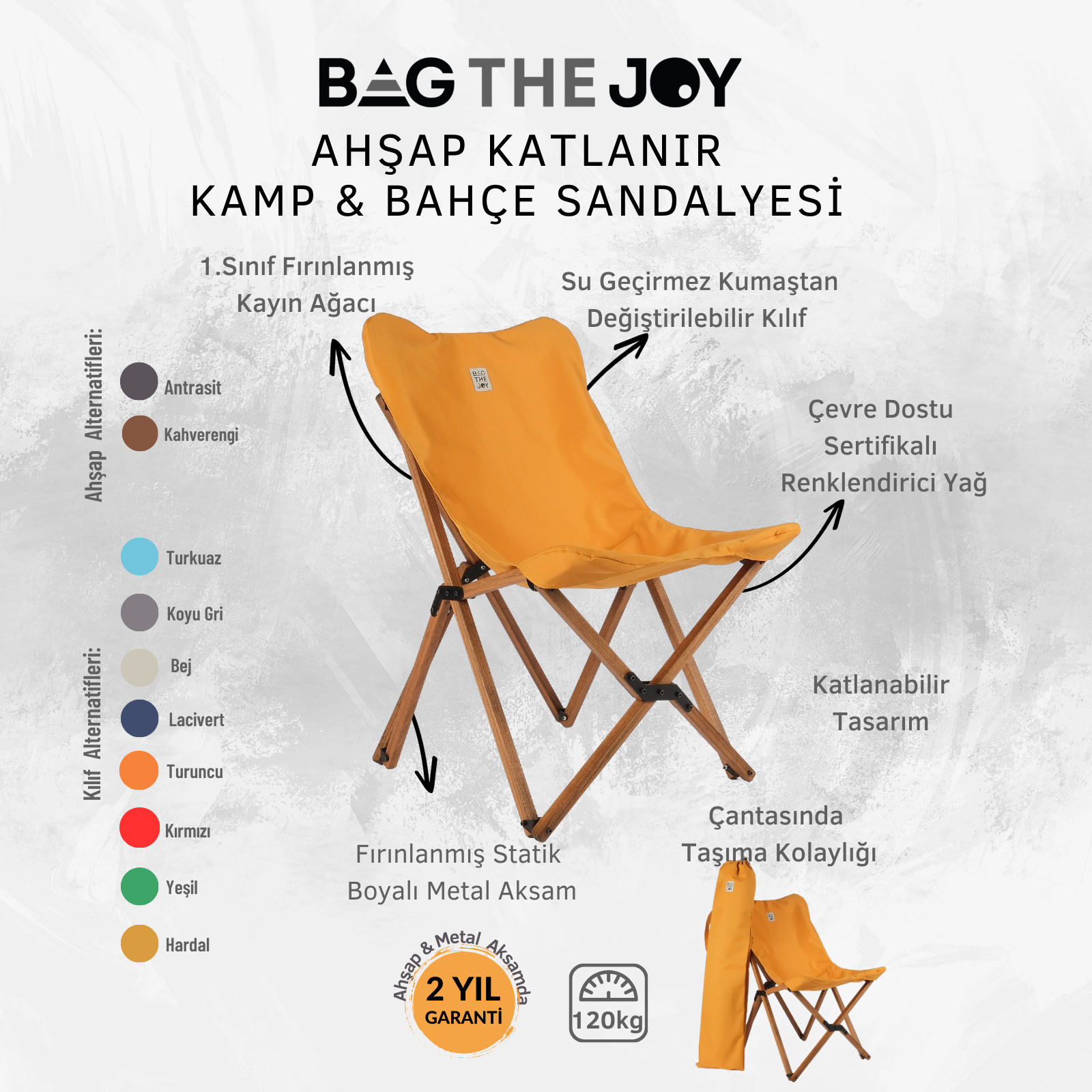 Turuncu katlanır kamp sandalyesi. Ahşap çerçevesi, turuncu kumaşı ve taşıma çantası vardır.