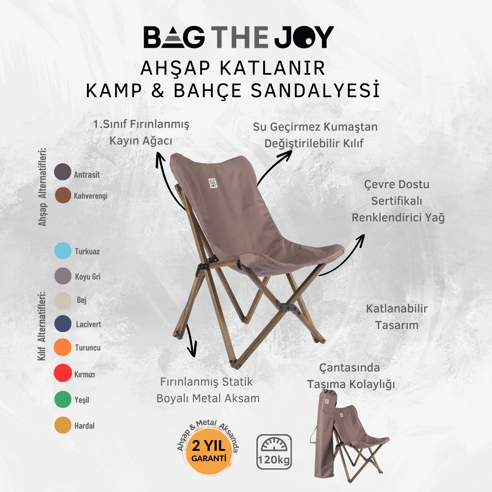 Kahverengi kumaş oturma alanına sahip katlanır ahşap kamp sandalyesi, taşıma çantasında. Ahşap ve metal içerir.