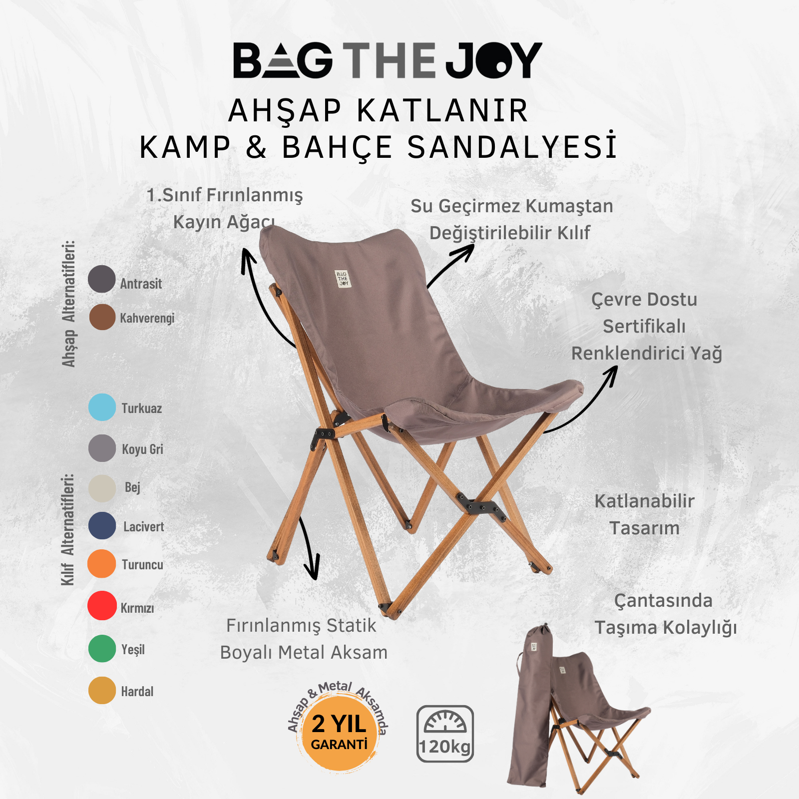 Kahverengi kumaş ve ahşap çerçeveli katlanır kamp sandalyesi. Üstteki metin 'BAG THE JOY' diyor.