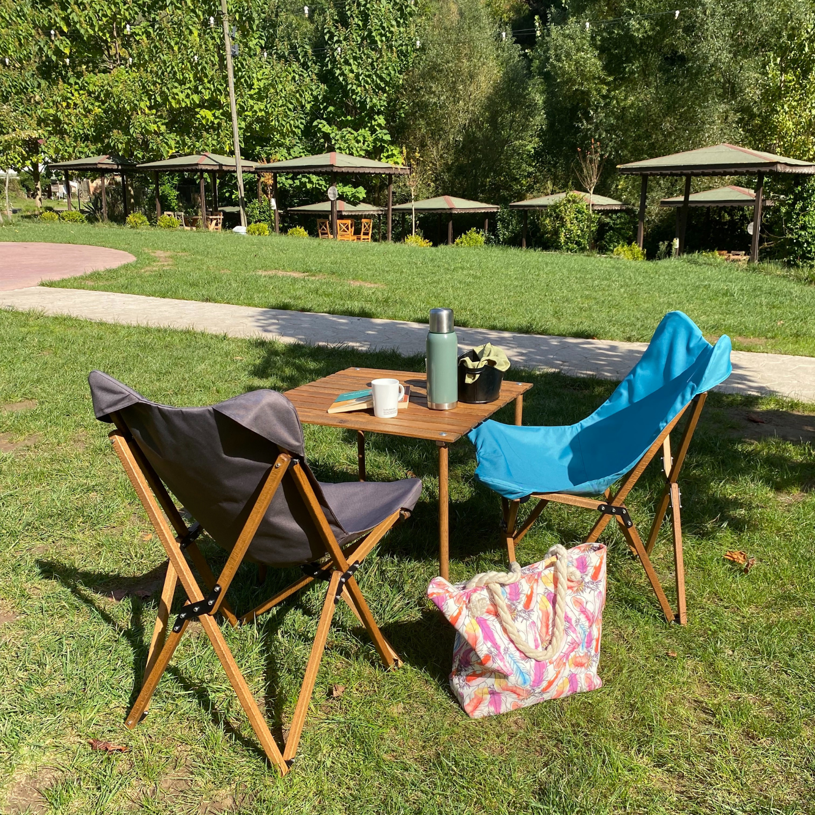 Piknik sahnesi: iki sandalye, eşyalarla dolu bir masa, çimlerin üzerinde bir çanta ve arka planda çardaklar.