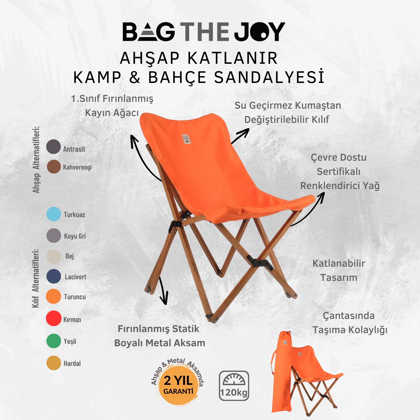 Ahşap bacaklı, turuncu katlanır sandalye ve taşıma çantası. Sandalye ve çanta üzerinde metin.