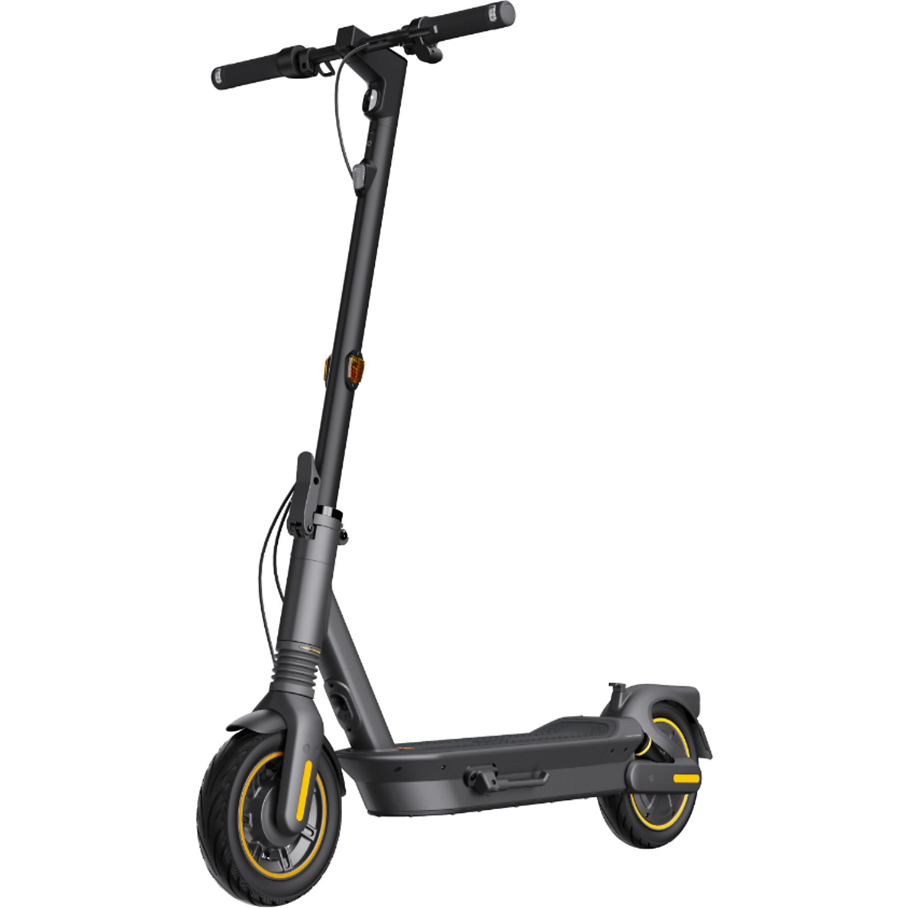 Un patinete eléctrico negro y gris con detalles amarillos. Tiene manillar, plataforma y dos ruedas.