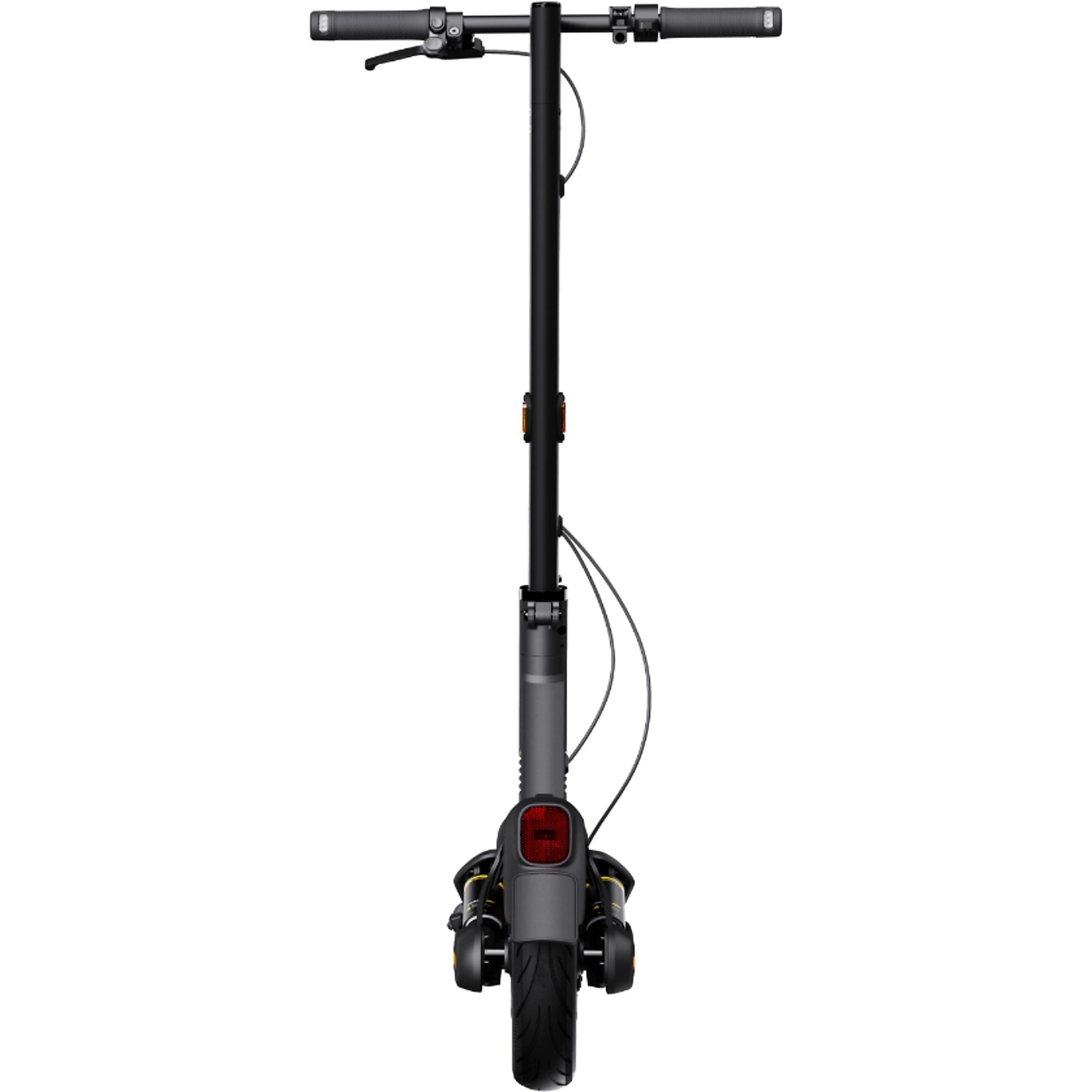 Un patinete eléctrico negro centrado sobre fondo blanco. Tiene un vástago vertical, manillar y luz trasera.