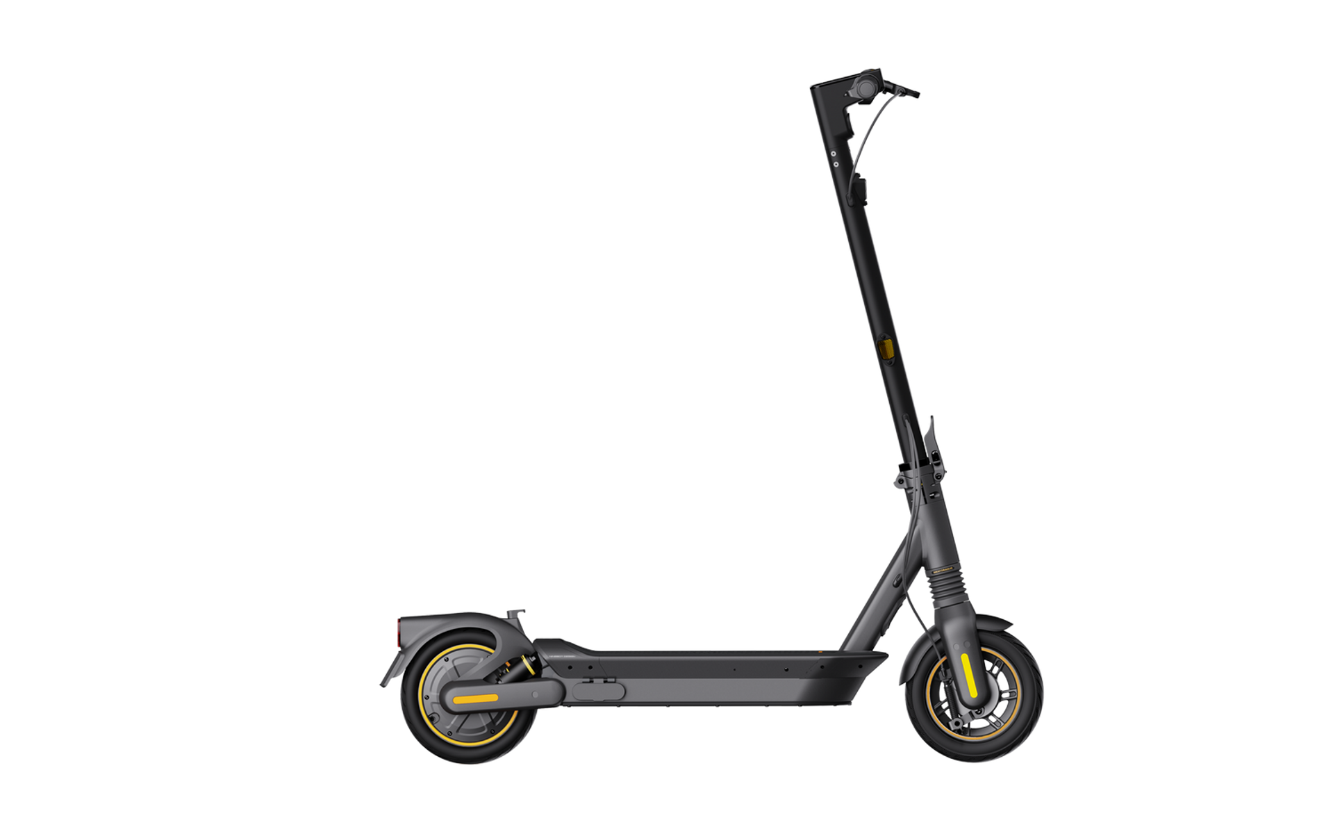 Un patinete eléctrico gris y negro con detalles amarillos, sobre un fondo negro. El patinete está de perfil.