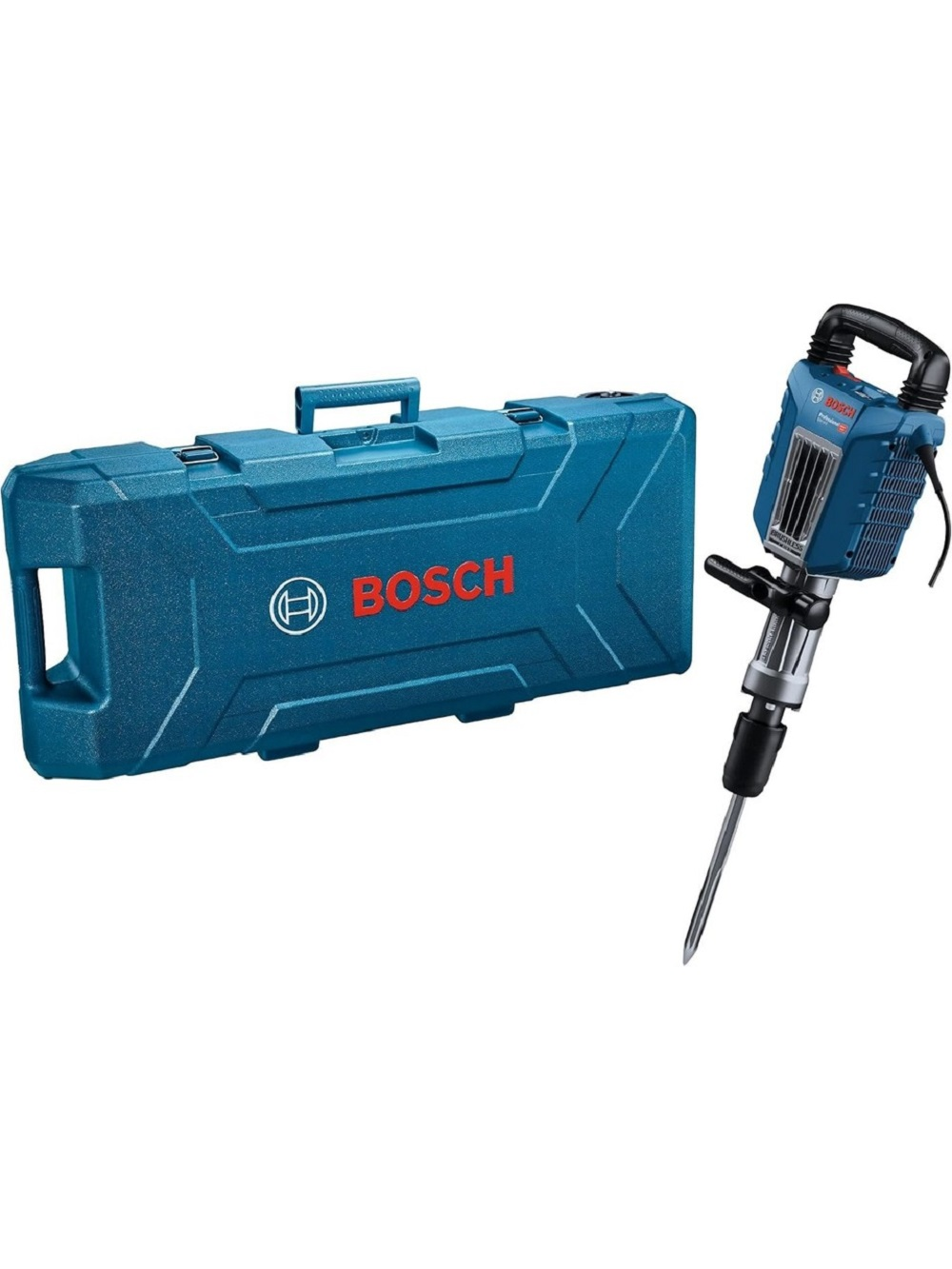 Beyaz zemin üzerinde mavi bir Bosch taşıma çantası ve mavi-siyah bir Bosch yıkım çekici.