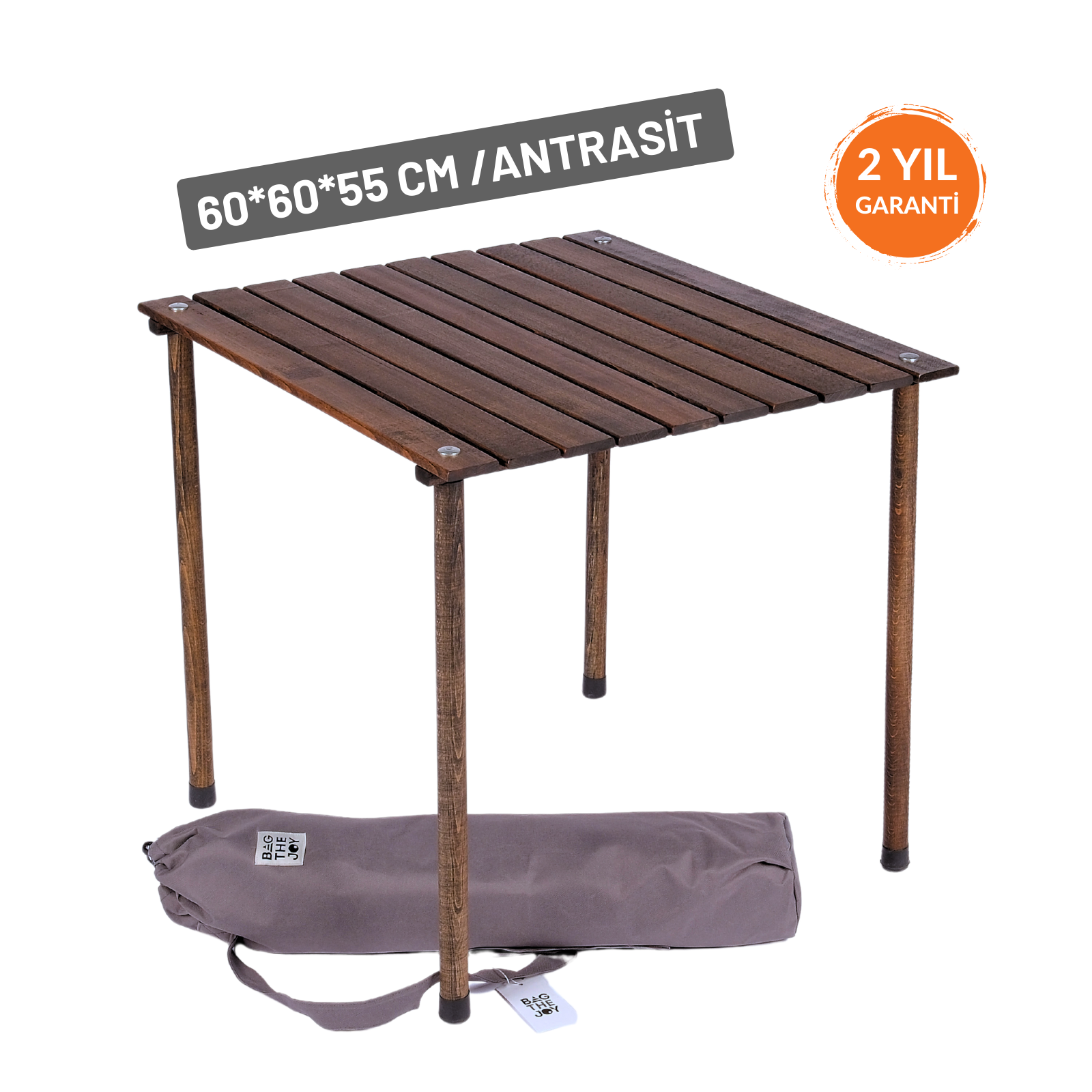 Gri bir çantalı ahşap masa. Boyutları 60x60x55 cm'dir. Masanın koyu kahverengi üstü ve ayakları vardır.