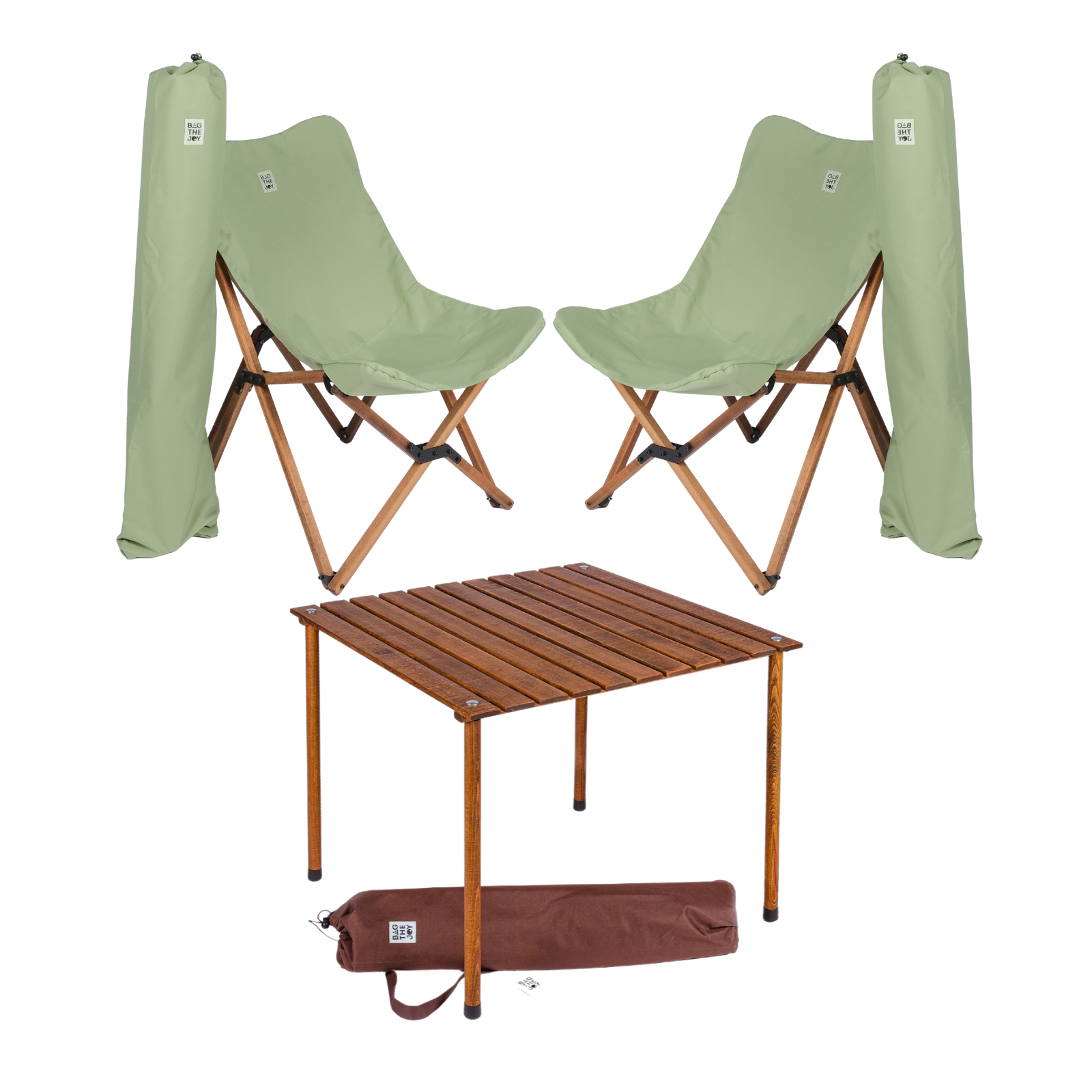 BAG THE JOY Ahşap 70x70x55 Kahverengi Katlanır Çantalı Kamp Masa Sandalye Seti Su Yeşili