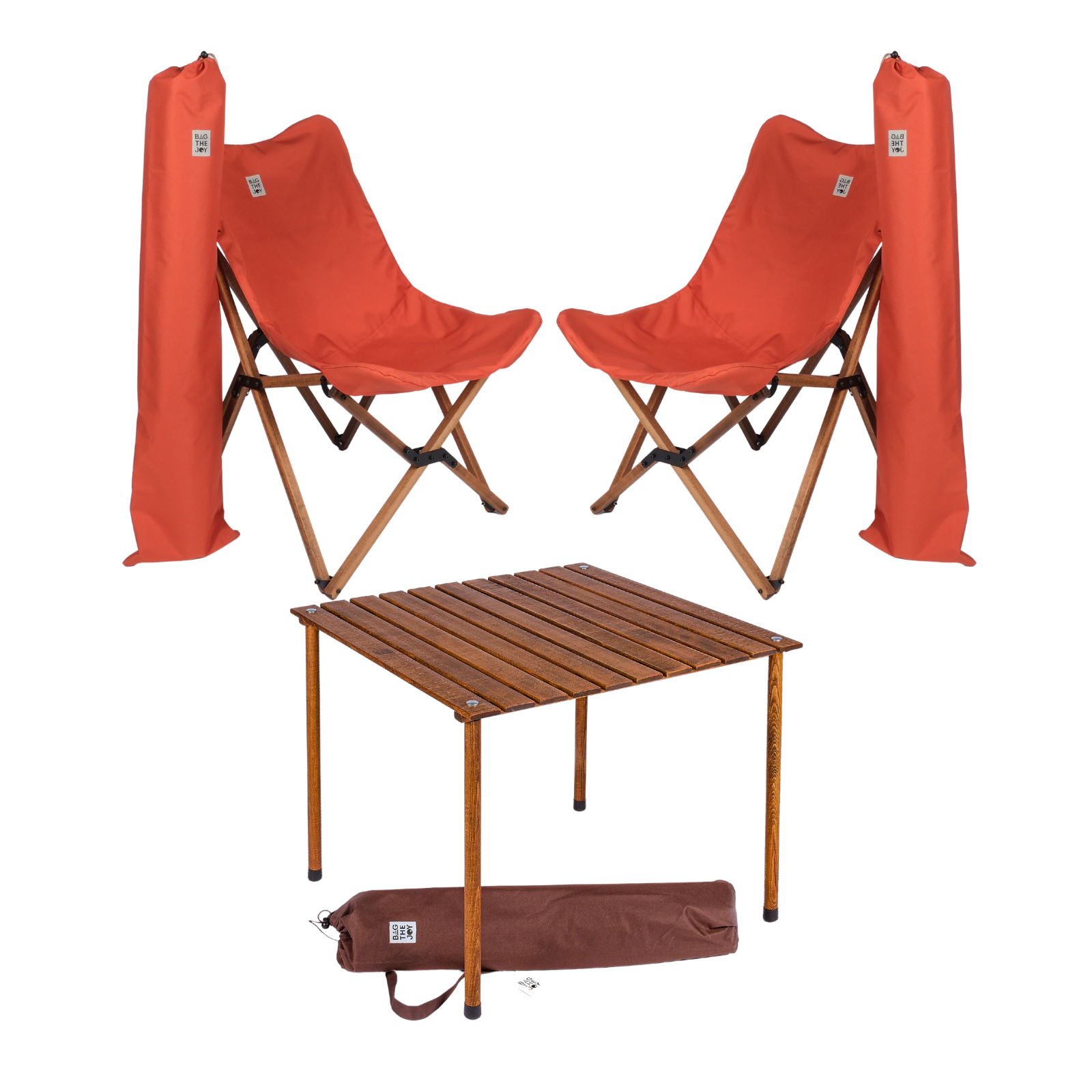BAG THE JOY Ahşap 70x70x55 Kahverengi Katlanır Çantalı Kamp Masa Sandalye Seti Kiremit