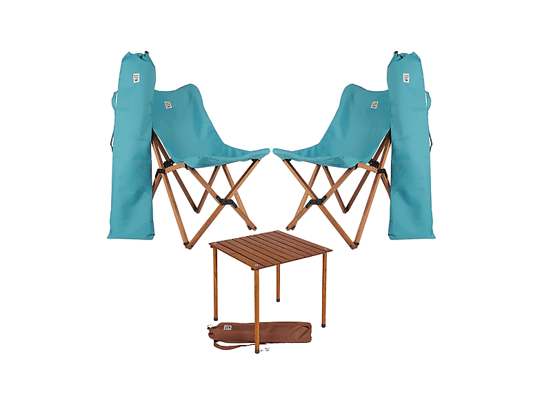 BAG THE JOY Ahşap 60x60x55 Kahverengi Katlanır Çantalı Kamp Masa Sandalye Seti Turkuaz
