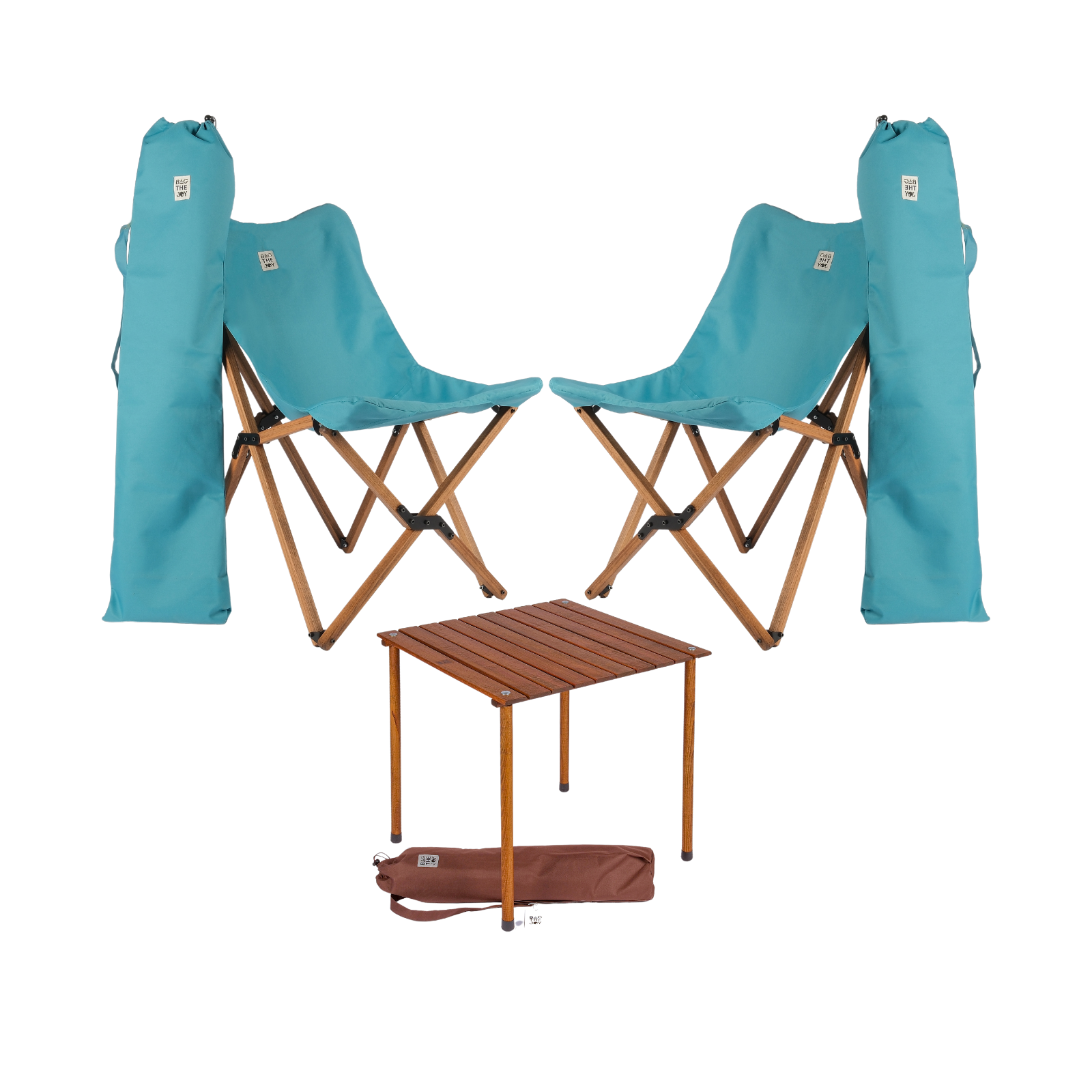BAG THE JOY Ahşap 60x60x55 Kahverengi Katlanır Çantalı Kamp Masa Sandalye Seti Turkuaz