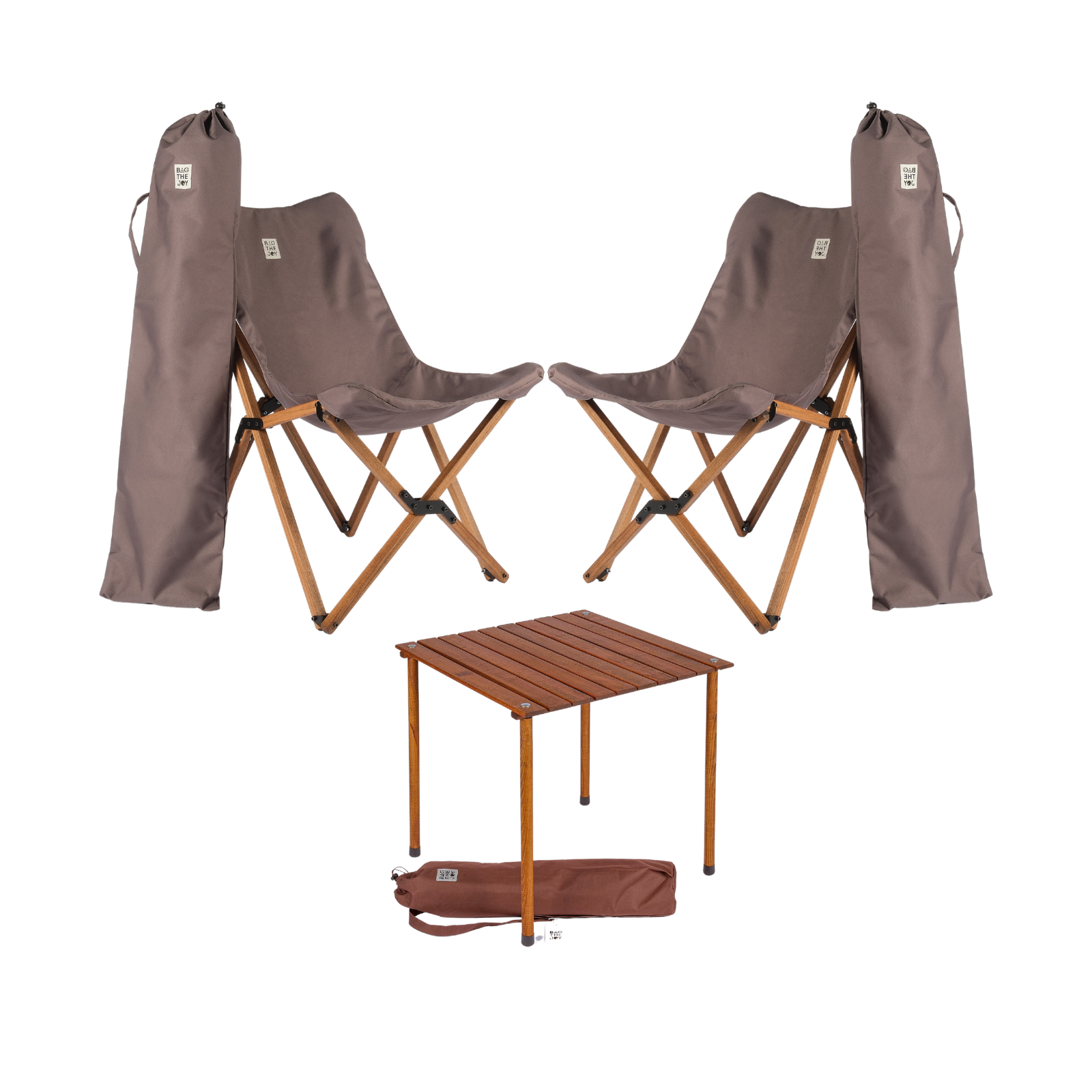 BAG THE JOY Ahşap 60x60x55 Kahverengi Katlanır Çantalı Kamp Masa Sandalye Seti Koyu Gri
