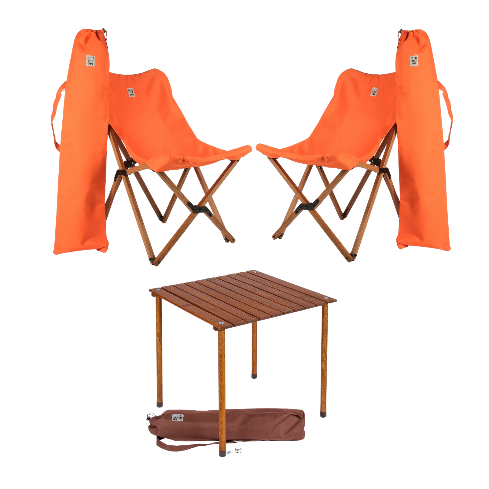 BAG THE JOY Ahşap 60x60x55 Kahverengi Katlanır Çantalı Kamp Masa Sandalye Seti Turuncu